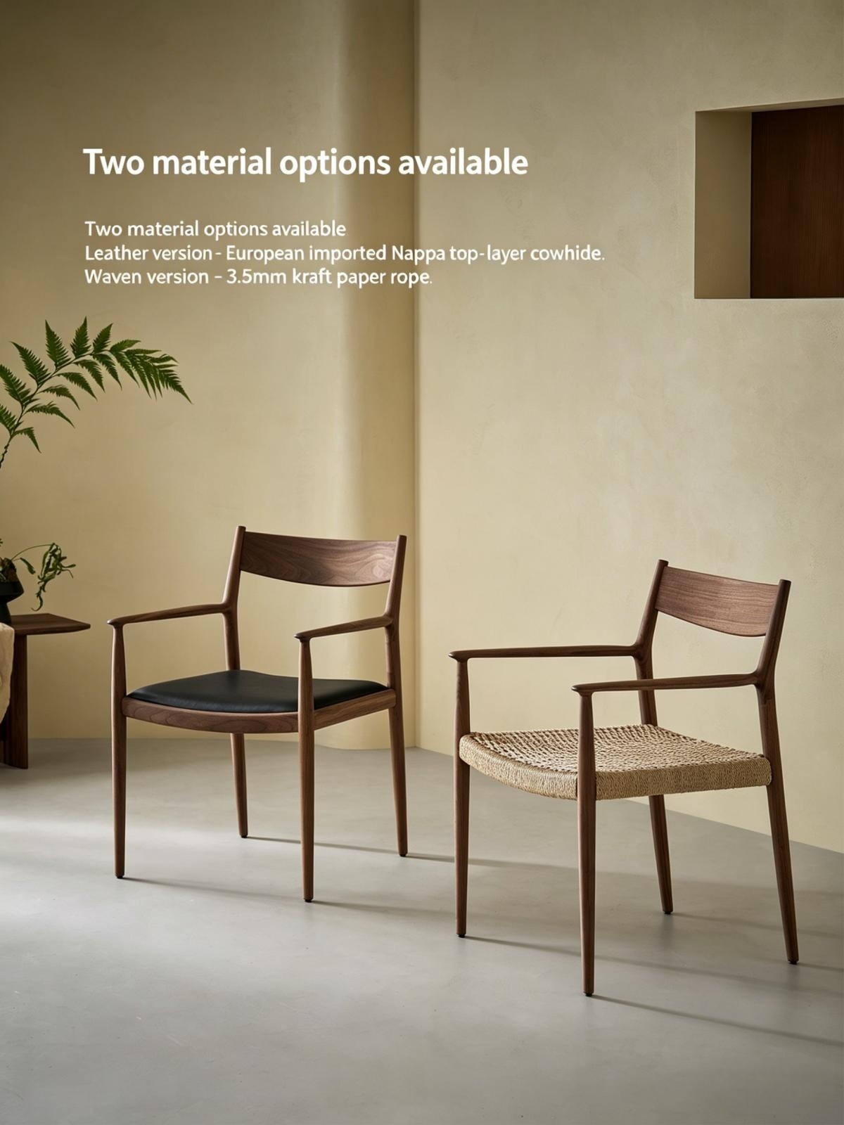North American Black Walnut Solid Wood Dining Chair – Genuine Leather, Wabi-Sabi, Rattan Weave, Armrest & High Back, Minimalist Home or Desk Chair