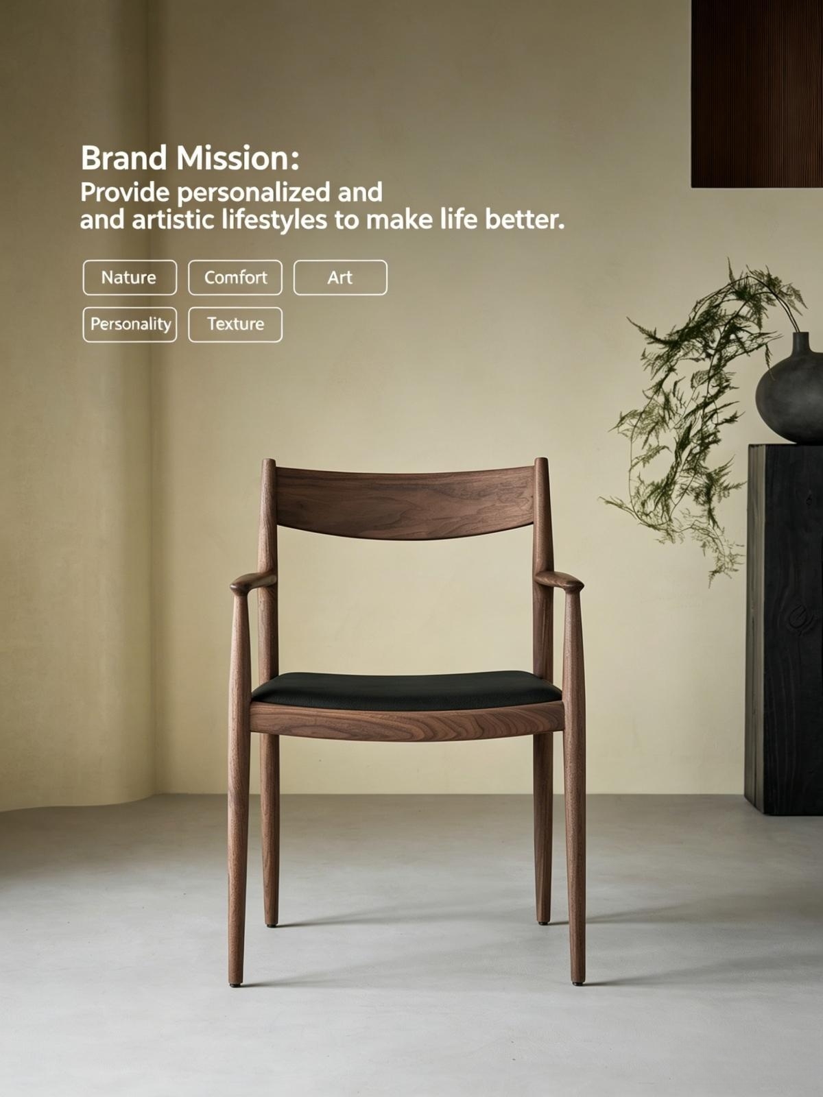 North American Black Walnut Solid Wood Dining Chair – Genuine Leather, Wabi-Sabi, Rattan Weave, Armrest & High Back, Minimalist Home or Desk Chair
