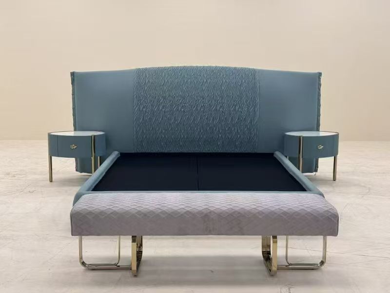 Luxury Geometric Leather Bed Frame with Gold Trim