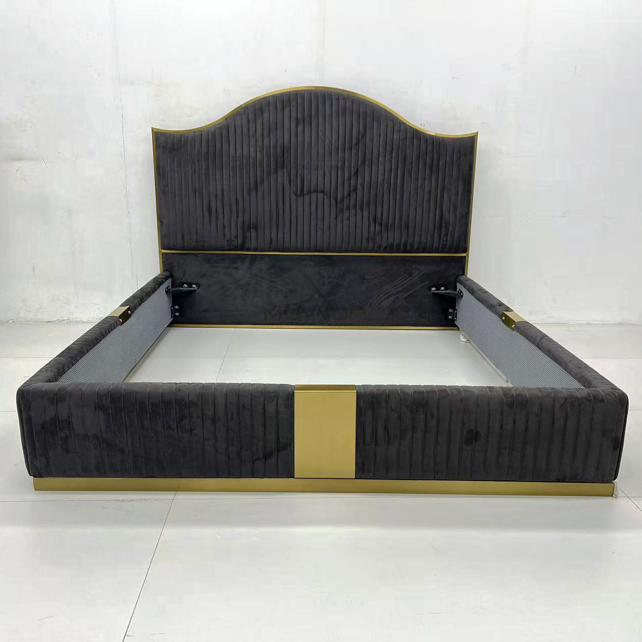 Charcoal Velvet Channel Bed with Arched Gold Trim Headboard