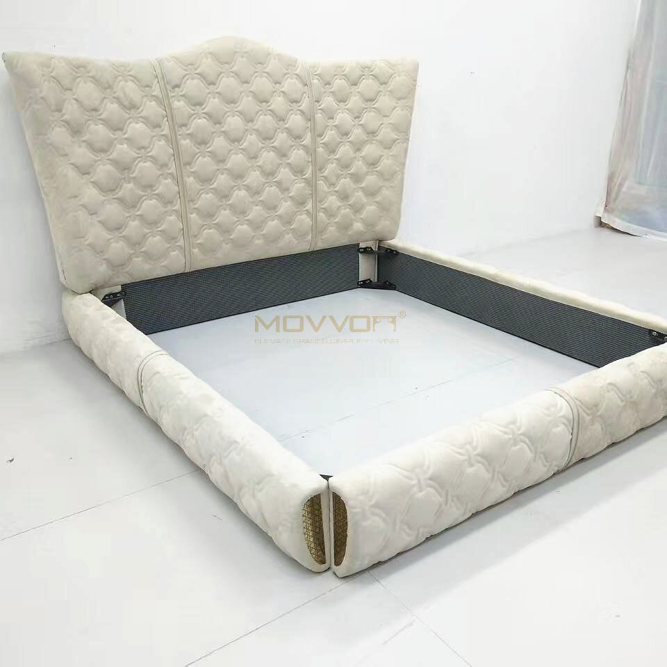 Quilted Upholstered Bed with Flared Headboard and Low Soft Frame