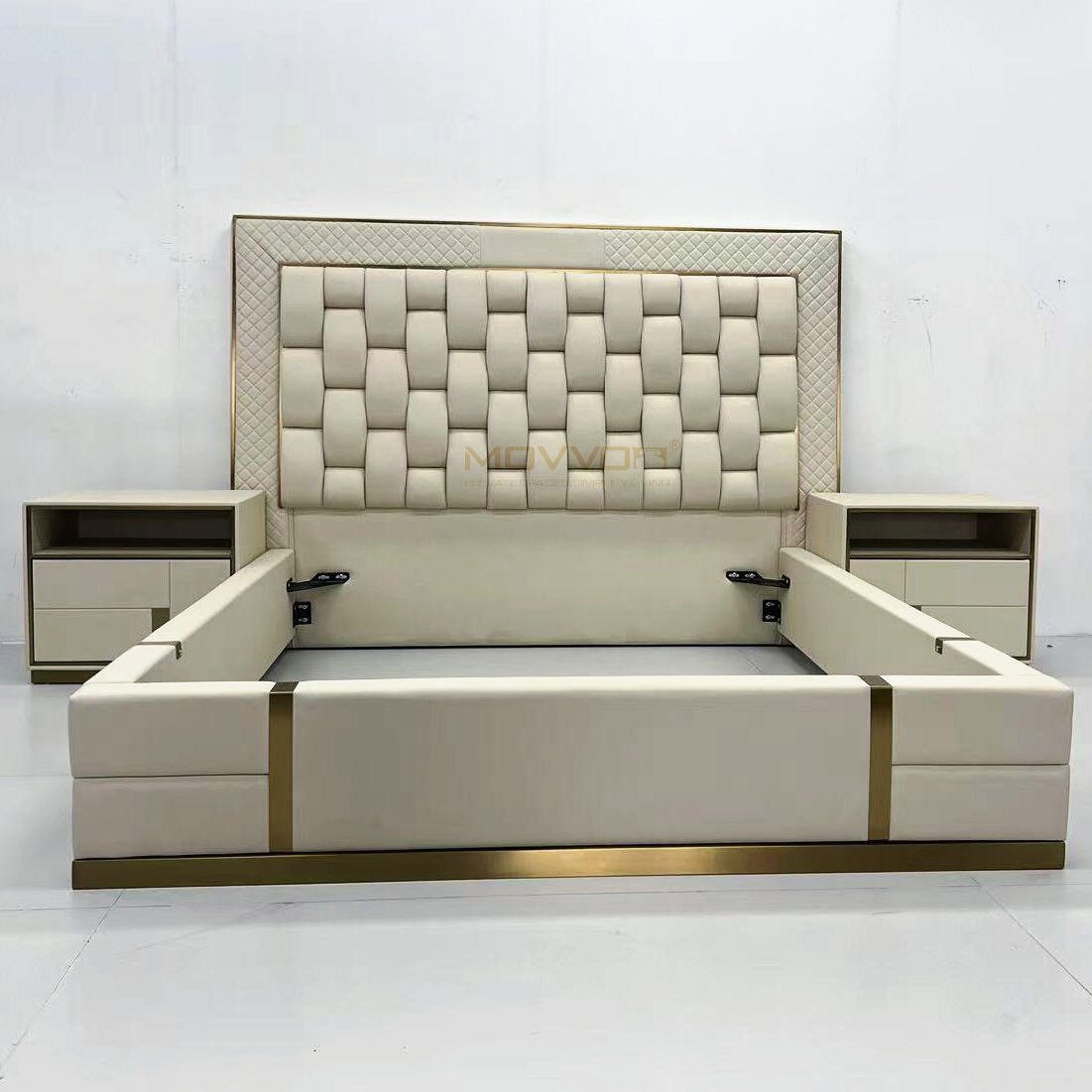 Framed Woven Upholstered Bed with Matching Nightstands and Gold Details