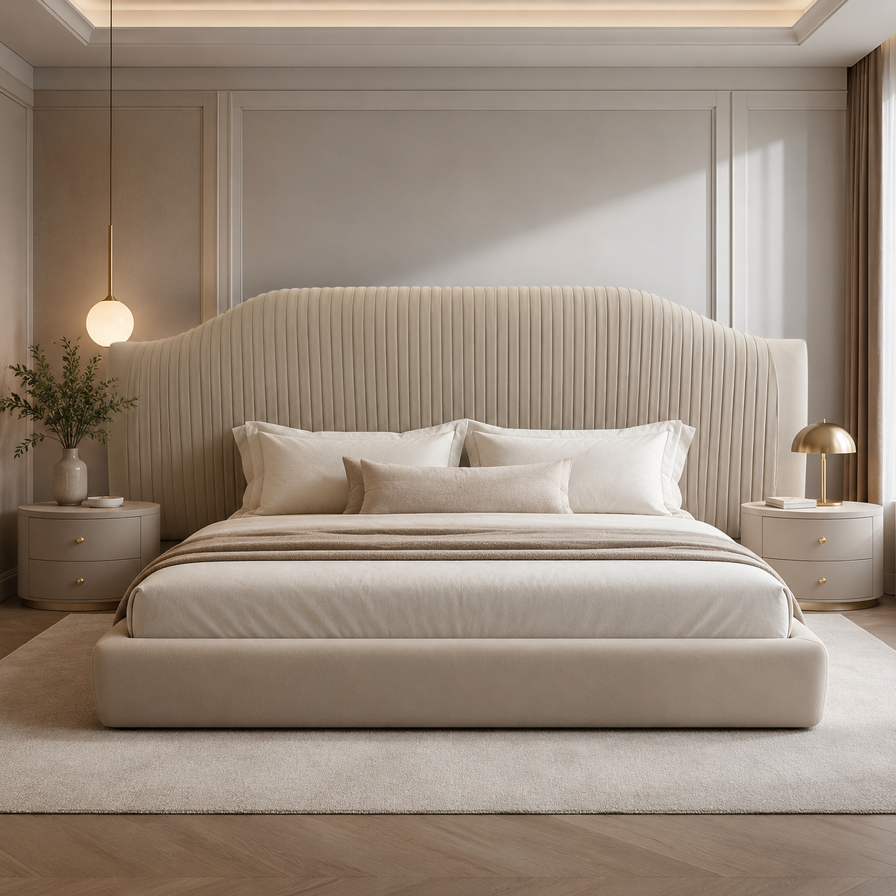 Arched Channel Upholstered Bed with Wide Low Platform Frame