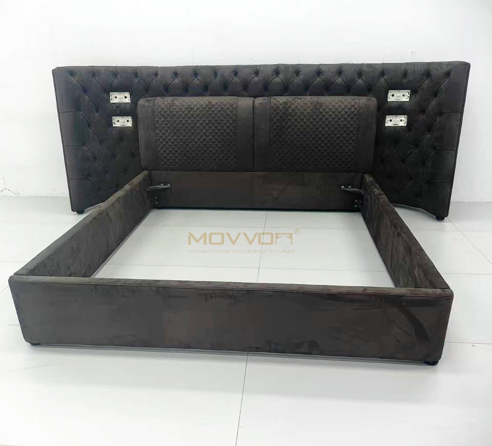 Dark Tufted Upholstered Bed with Quilted Backrest Panels