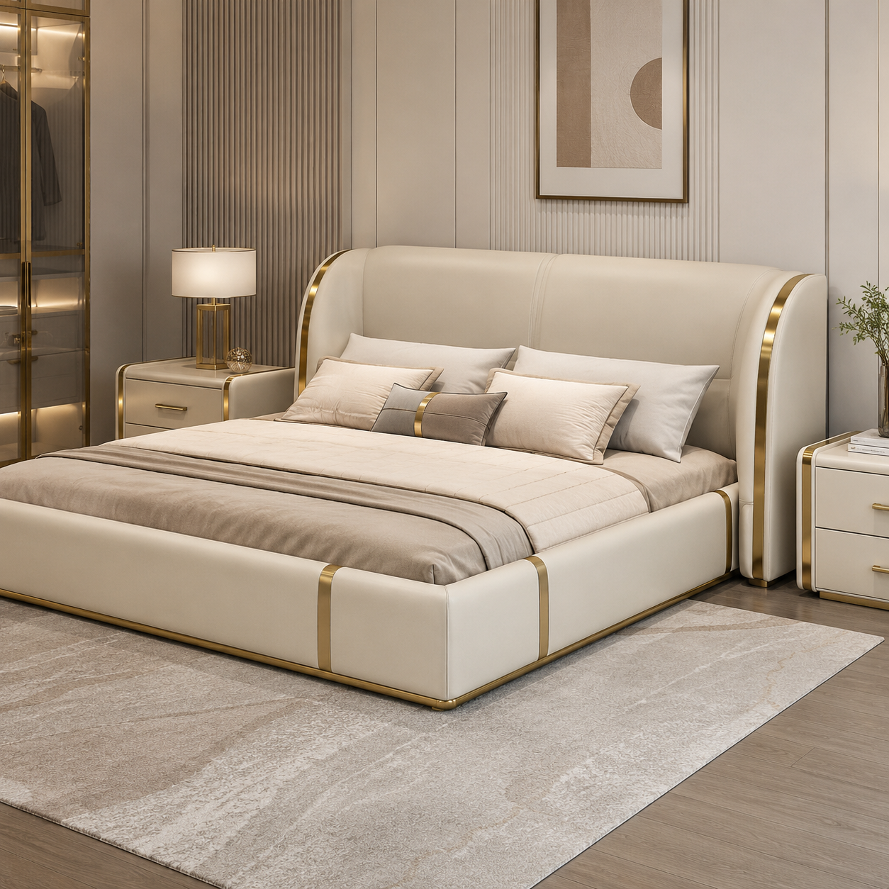 Warm Ivory Upholstered Bed with Curved Headboard and Gold Trim
