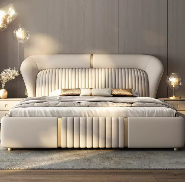 Warm Ivory Wingback Bed with Rolled Channel Headboard