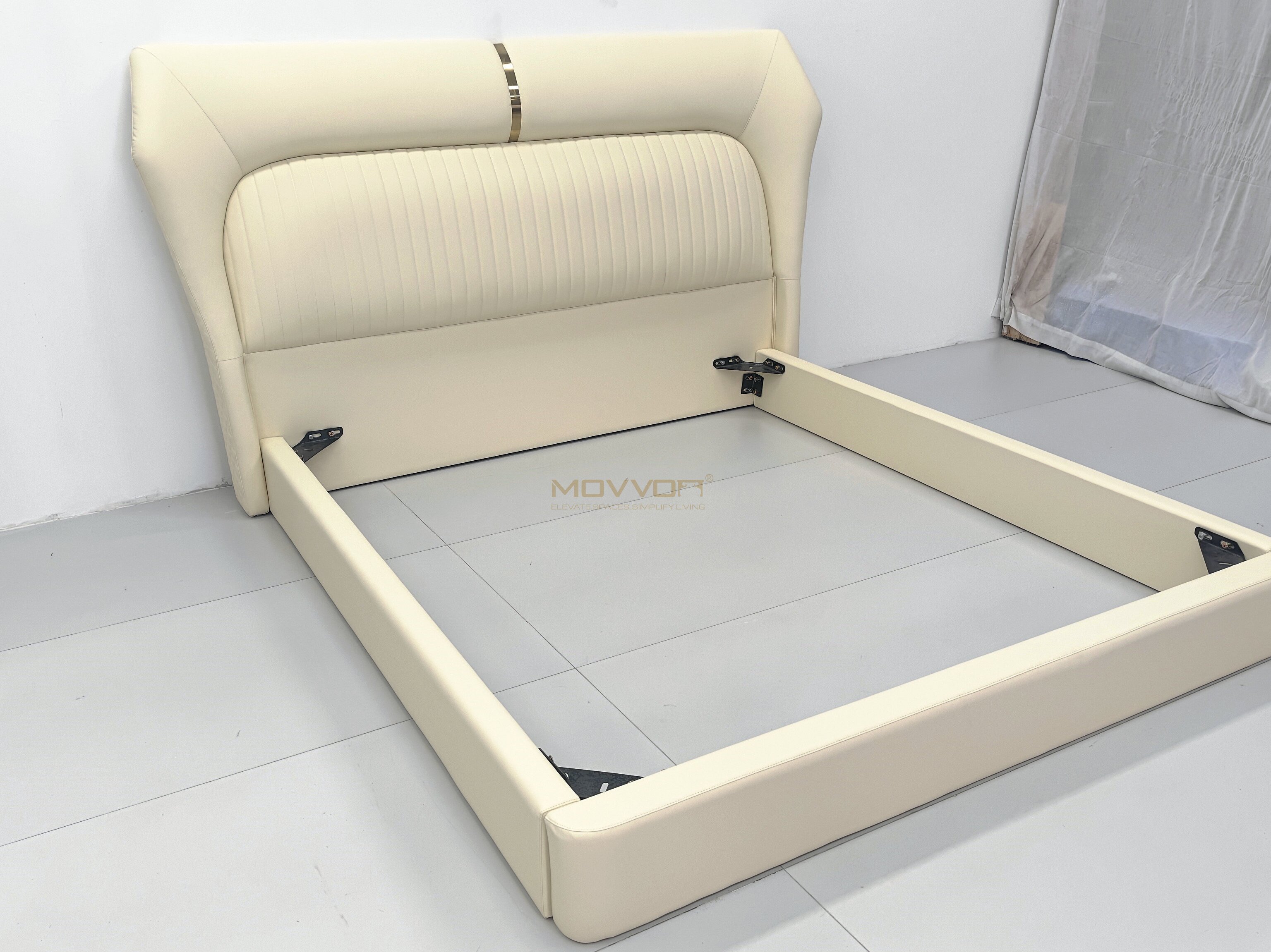 Warm Ivory Wingback Bed with Rolled Channel Headboard