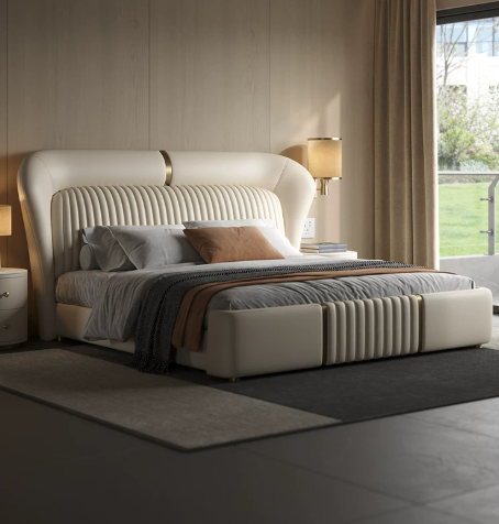 Warm Ivory Wingback Bed with Rolled Channel Headboard