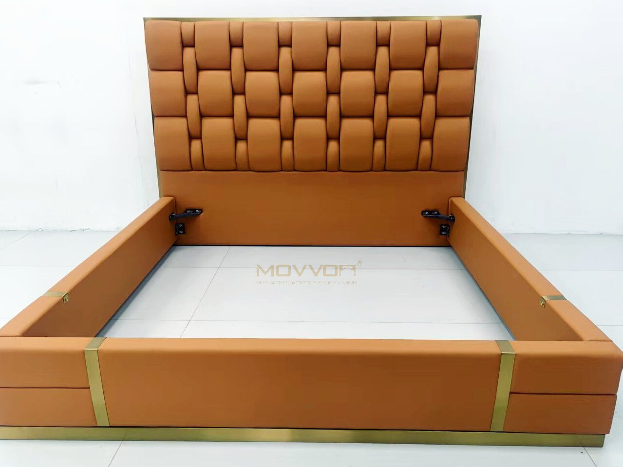 Cognac Brown Woven Panel Upholstered Bed with Gold Trim