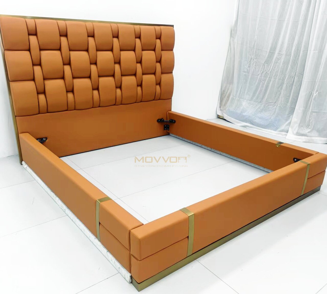 Cognac Brown Woven Panel Upholstered Bed with Gold Trim