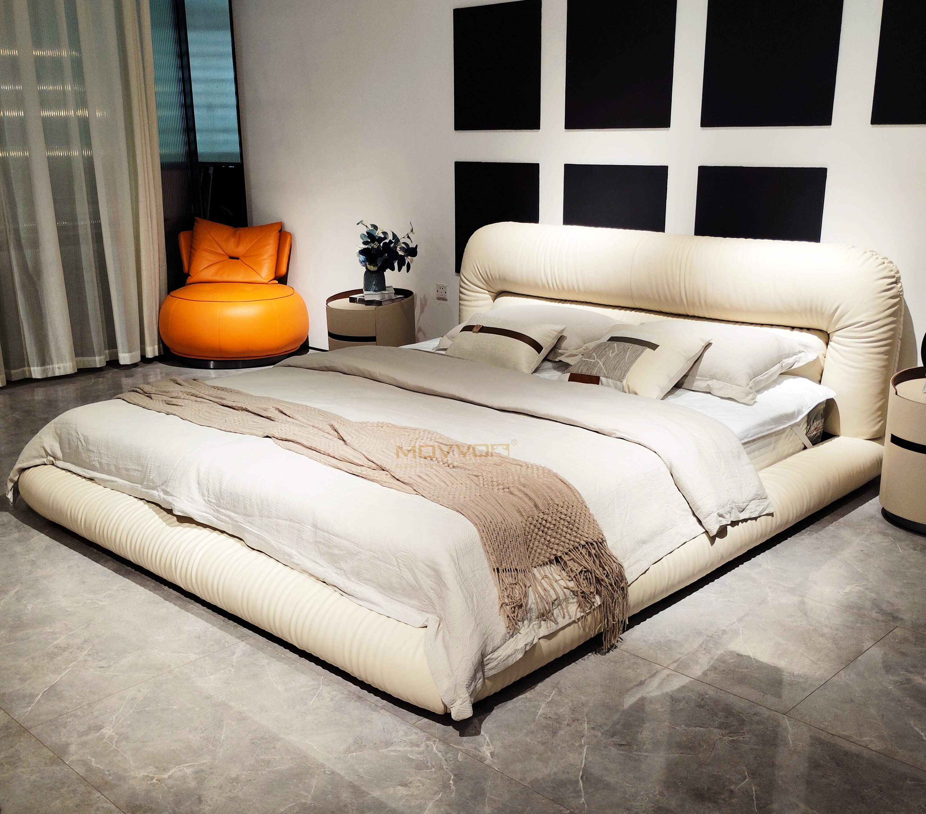 Warm Ivory Roll Cushion Upholstered Bed with Cloud-Like Low Frame
