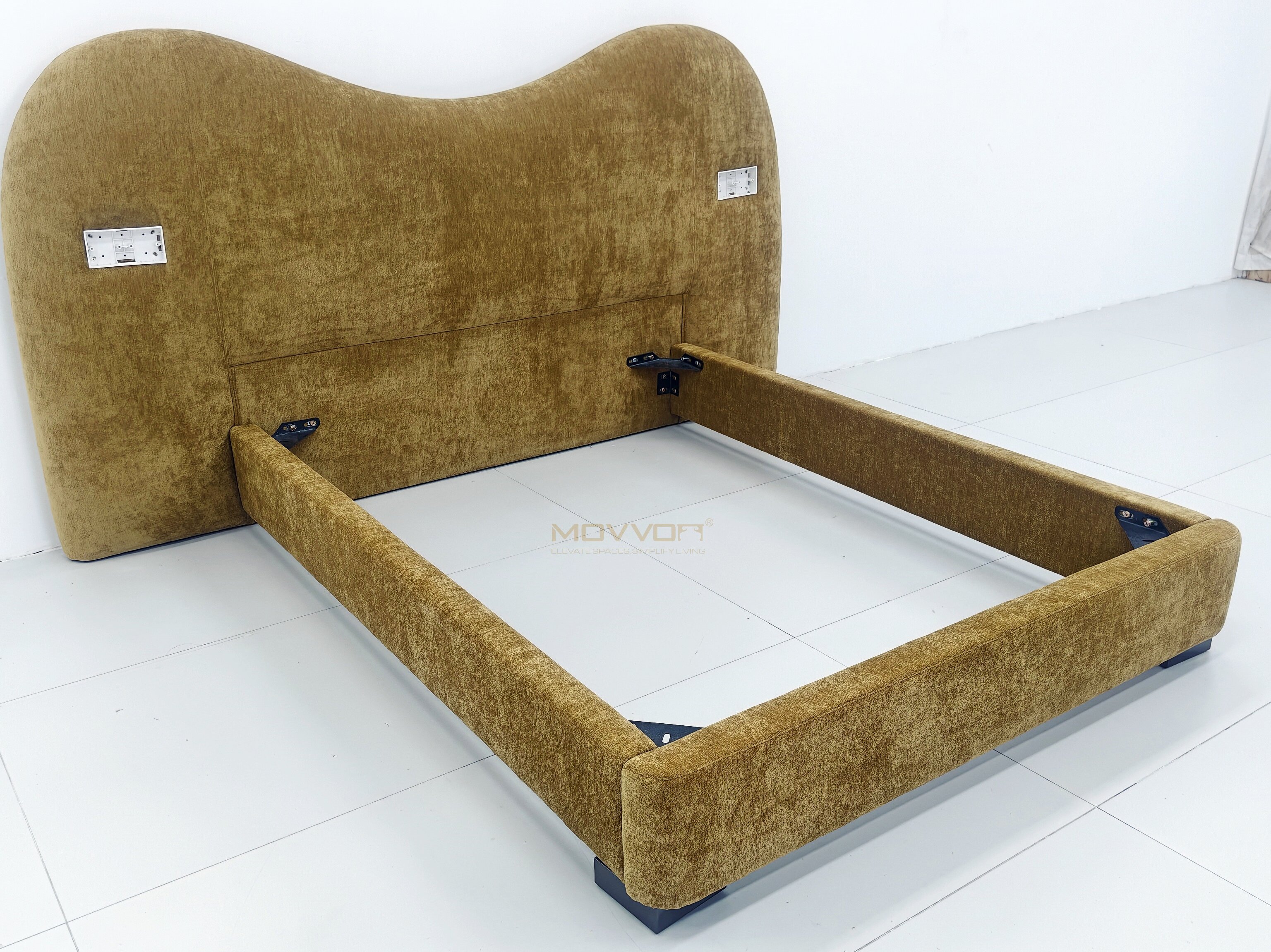Mustard Velvet Cloud Headboard Bed with Rounded Low Frame