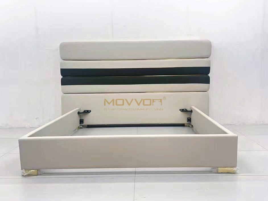Champagne Beige Upholstered Bed with Navy Horizontal Headboard Band