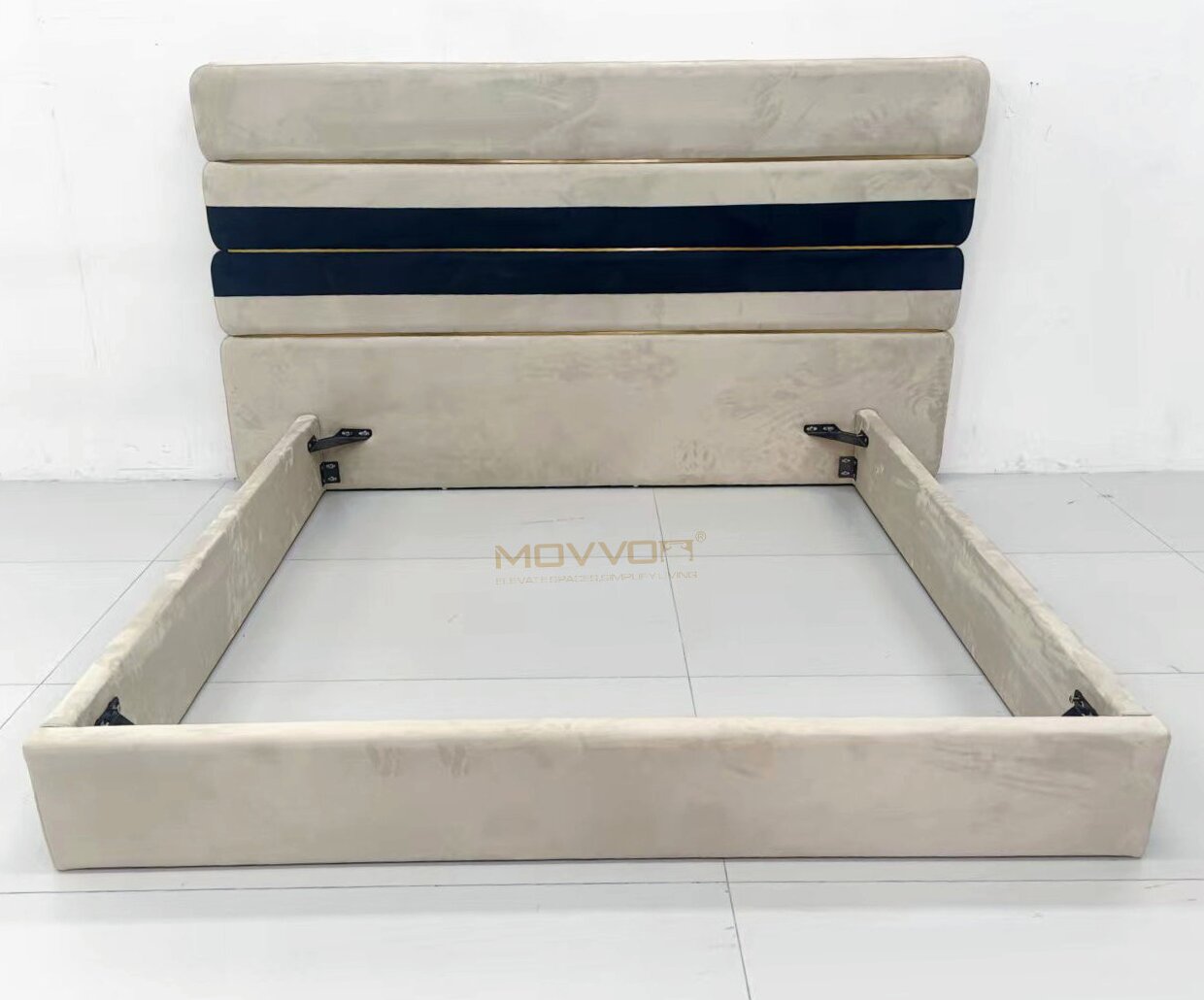 Champagne Beige Upholstered Bed with Navy Horizontal Headboard Band