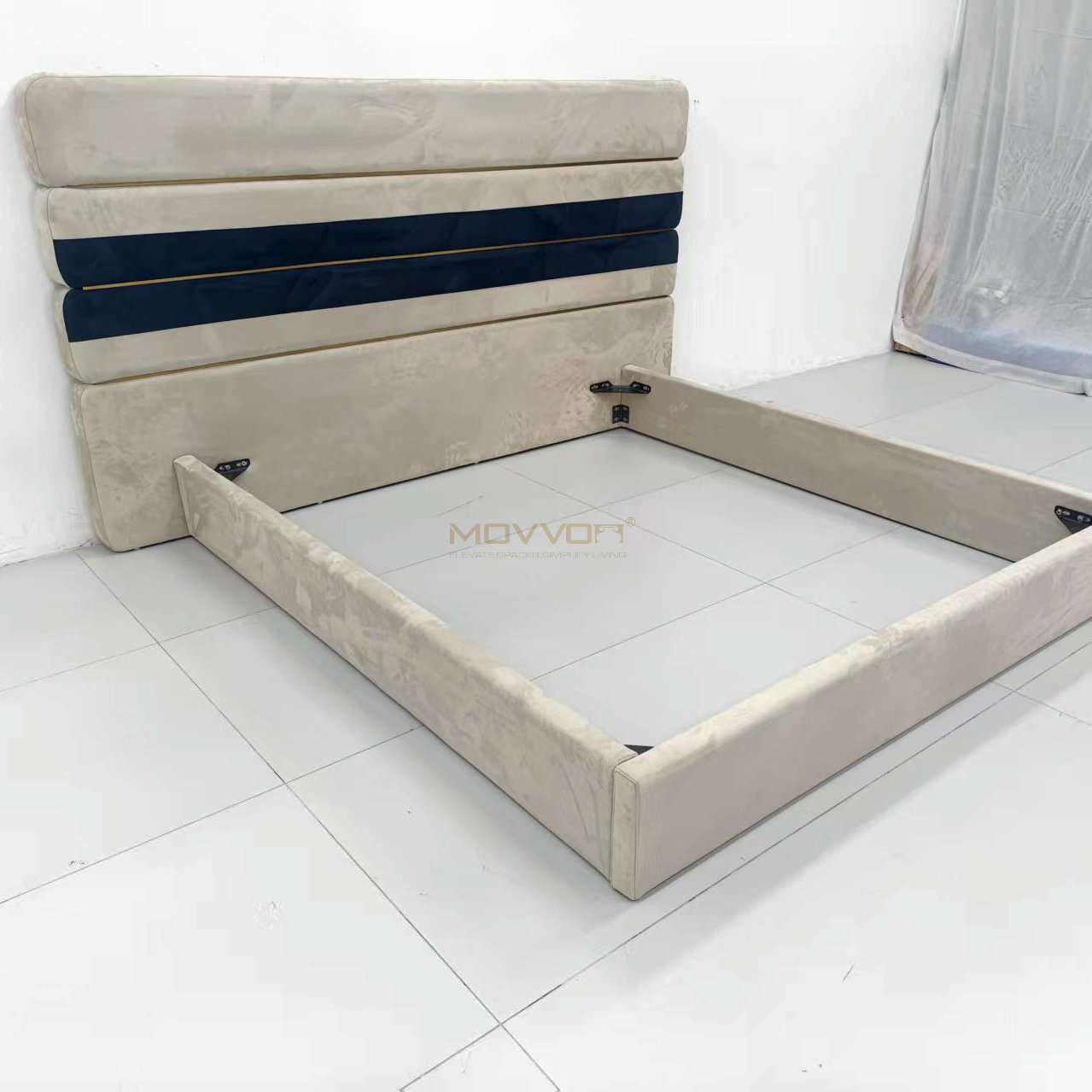 Champagne Beige Upholstered Bed with Navy Horizontal Headboard Band