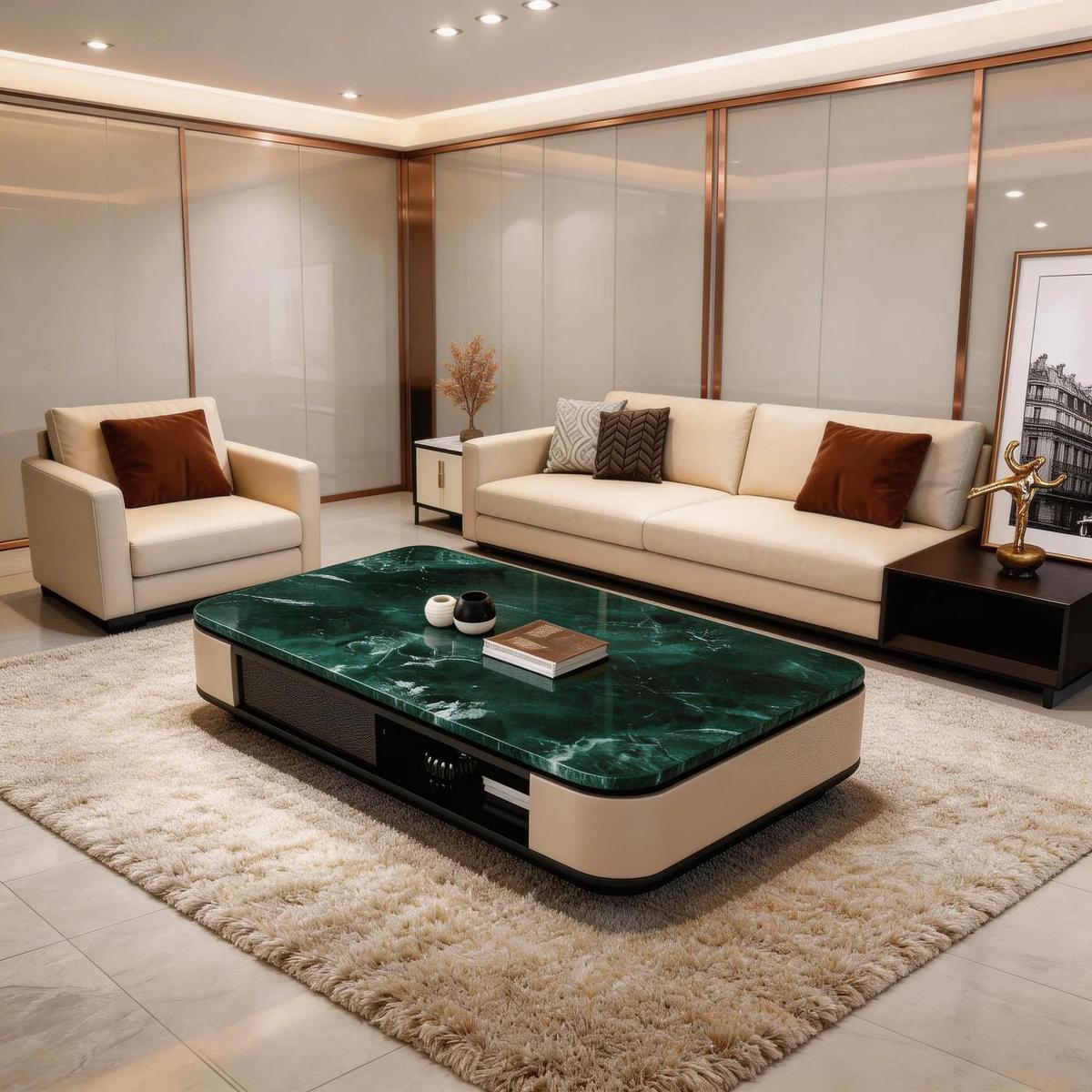 Cream Black Luxury Coffee Table with Marble Top and Display Shelf