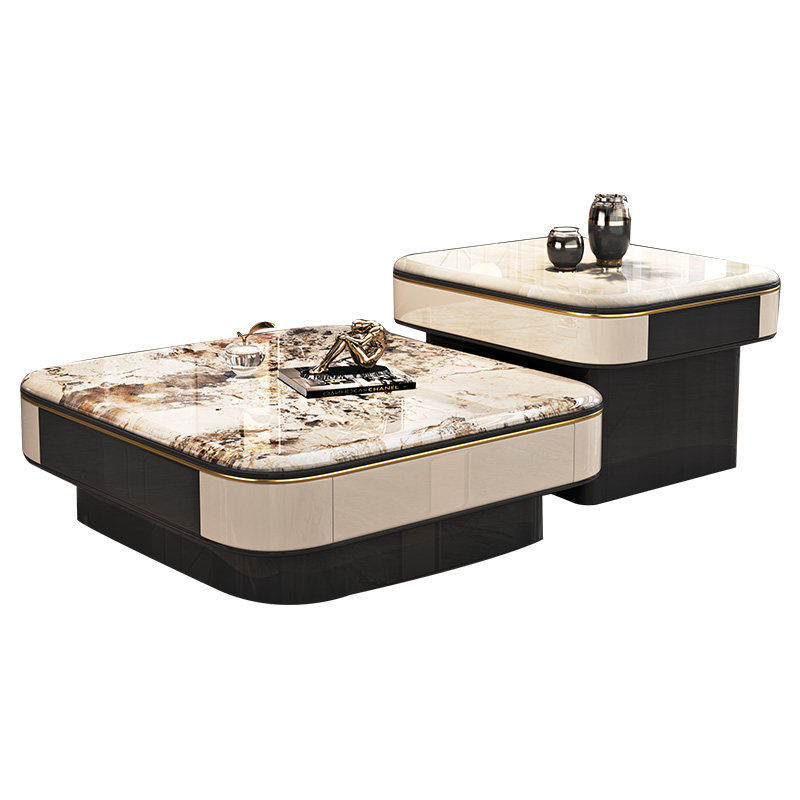 High-Low Twin Square Coffee Table Set with Marble Tops
