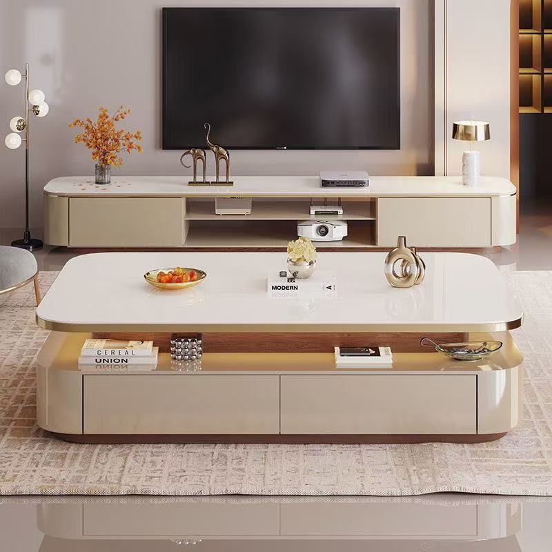 Dual-sided Drawer Coffee Table With Marble Top And Display Niche