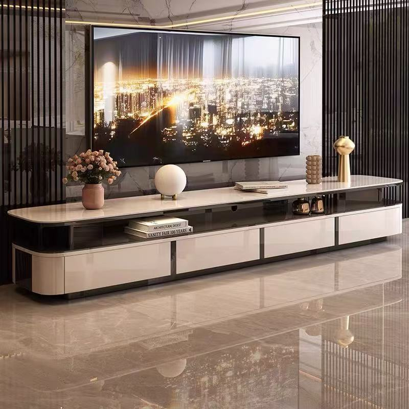 TV-Matching Low Coffee Table with Marble Top and Hidden Storage