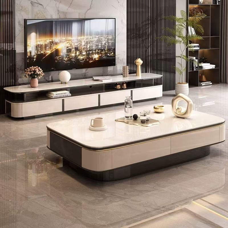 TV-Matching Low Coffee Table with Marble Top and Hidden Storage
