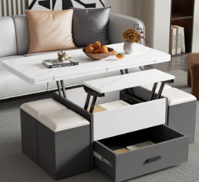 Lift-Top Table with Hidden Stools and Drawer Storage