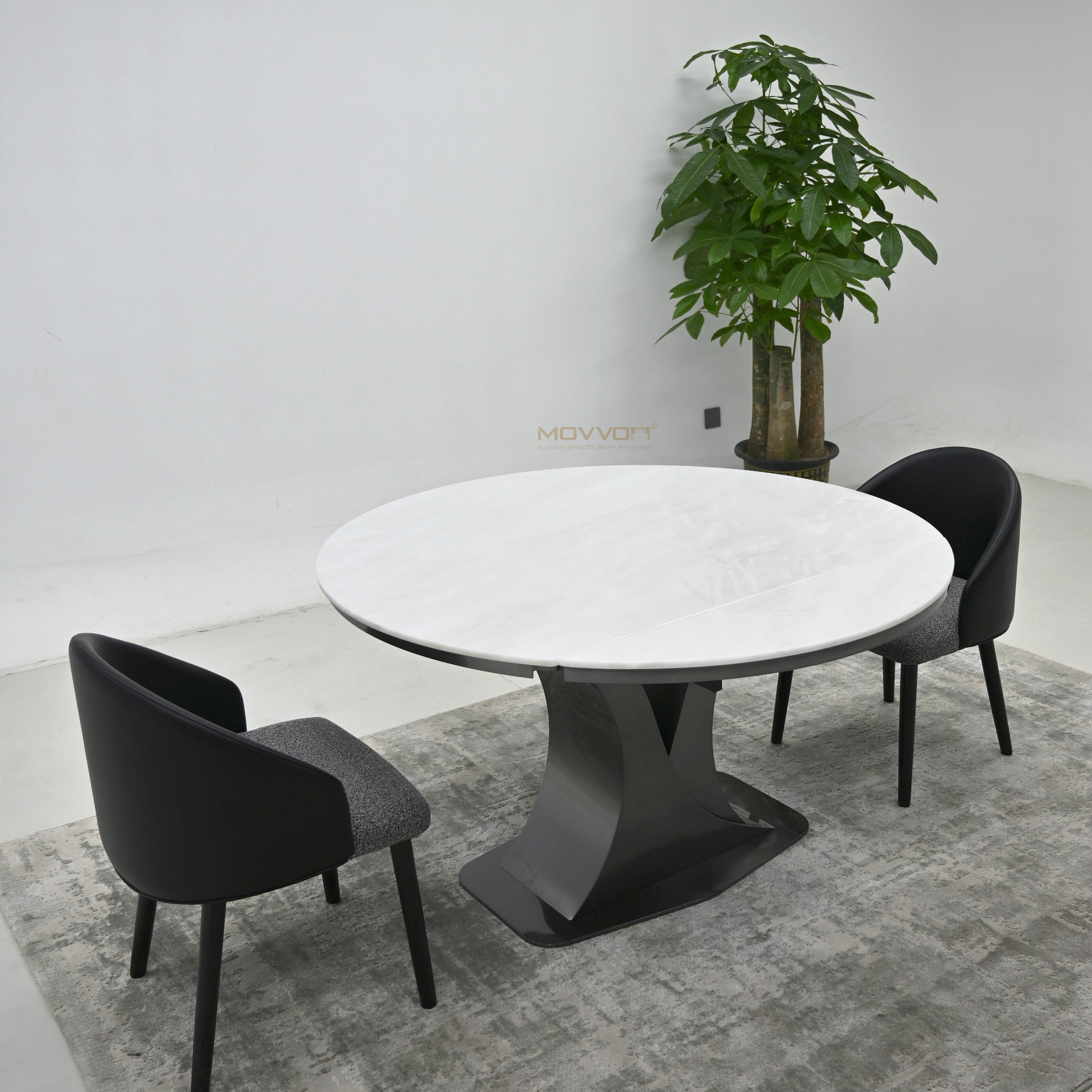 White Stone Round-Extension Dining Table with Twisted Pedestal Base