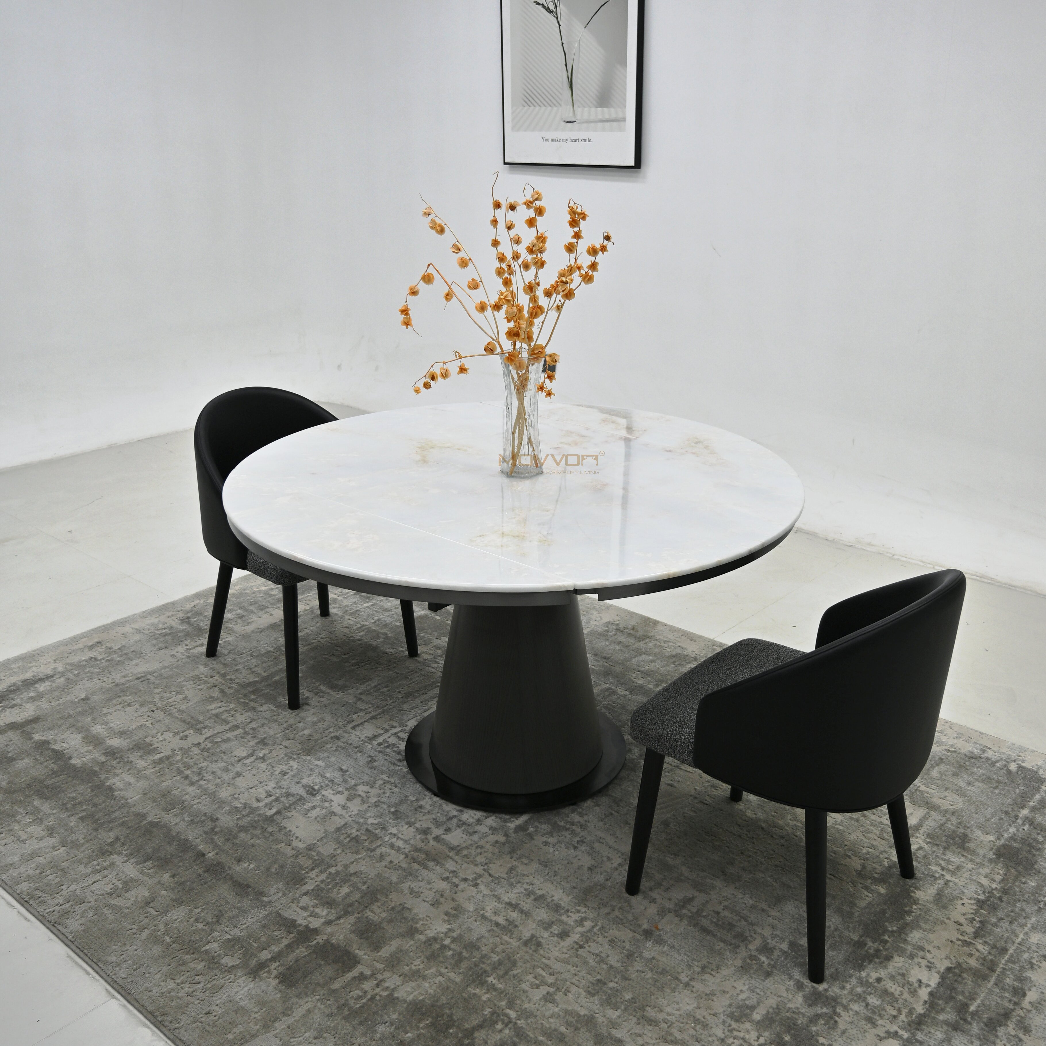 Ivory Marble-Effect Two-End Folding Round Table with Ribbed Cone Pedestal