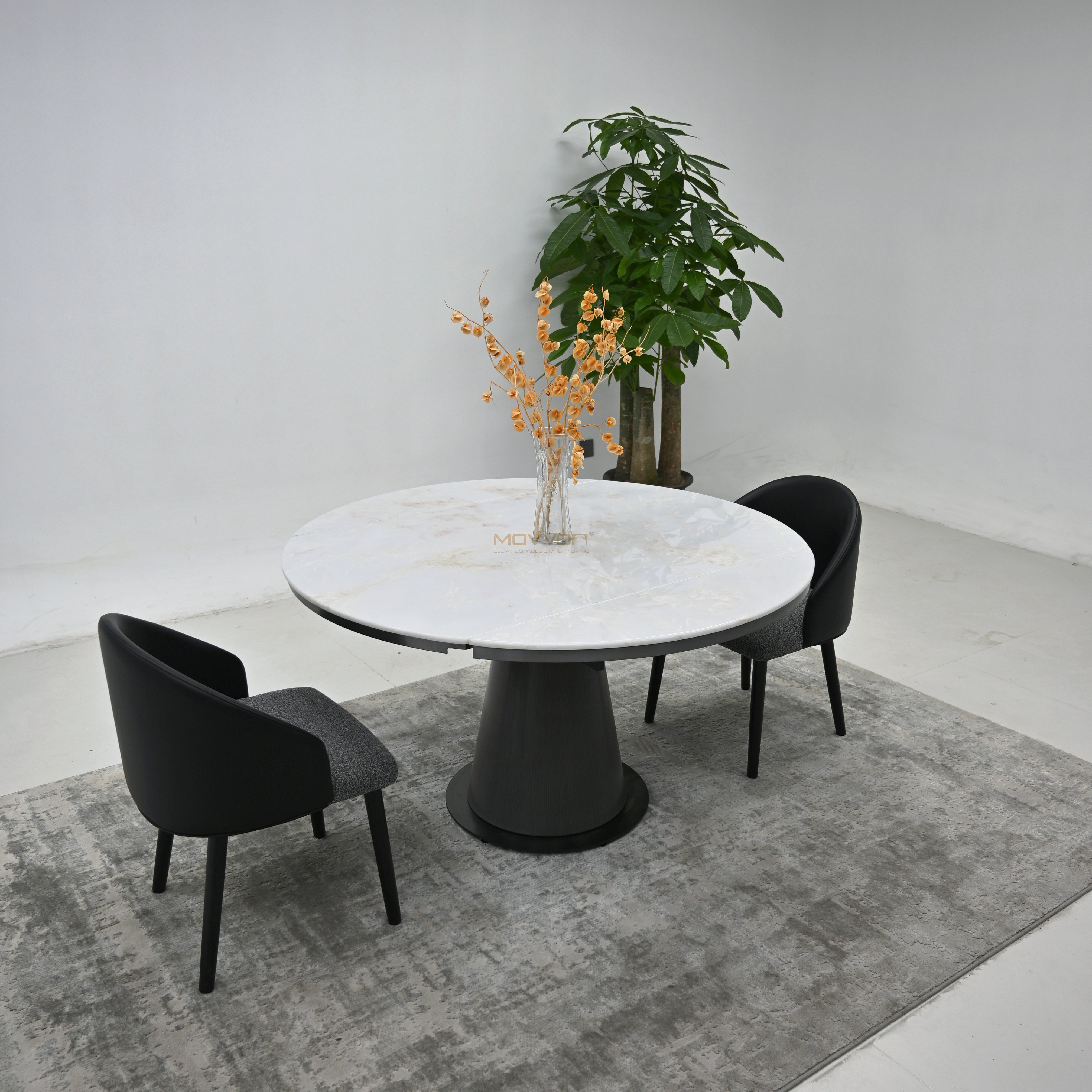 Ivory Marble-Effect Two-End Folding Round Table with Ribbed Cone Pedestal