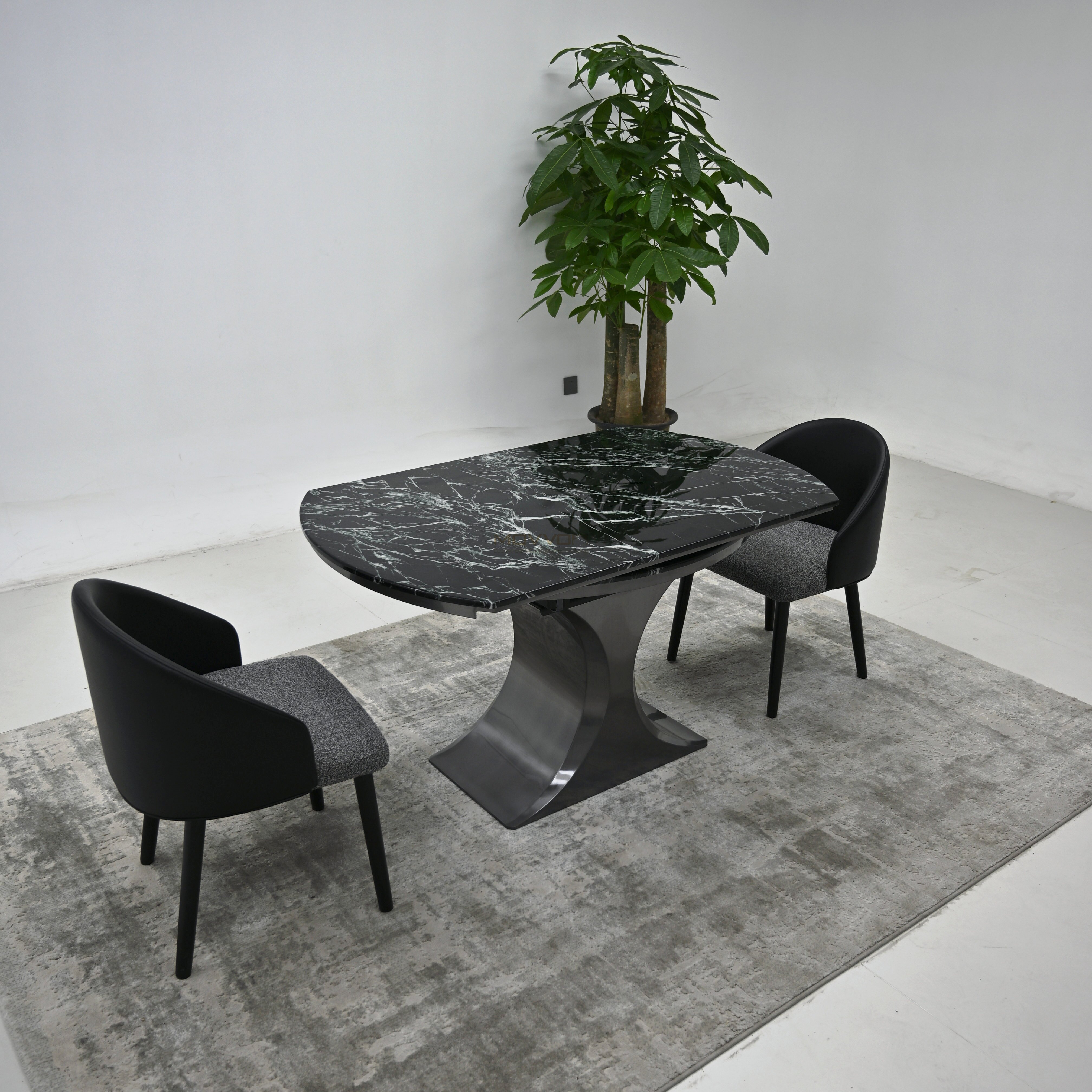 Luxury Stone Drop-Leaf Round Dining Table with Curved Ribbon Pedestal Base