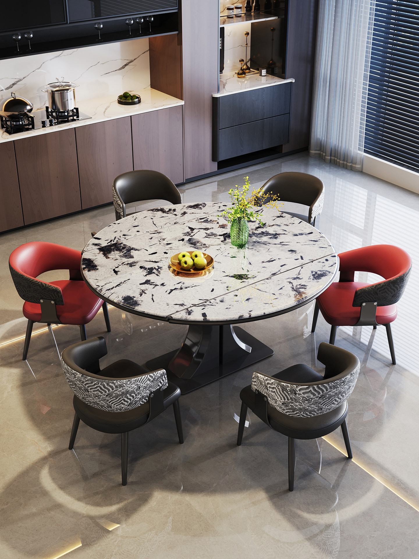 Cloud Vein Luxury Stone Folding Round Table with Sculpted Stainless Steel Base