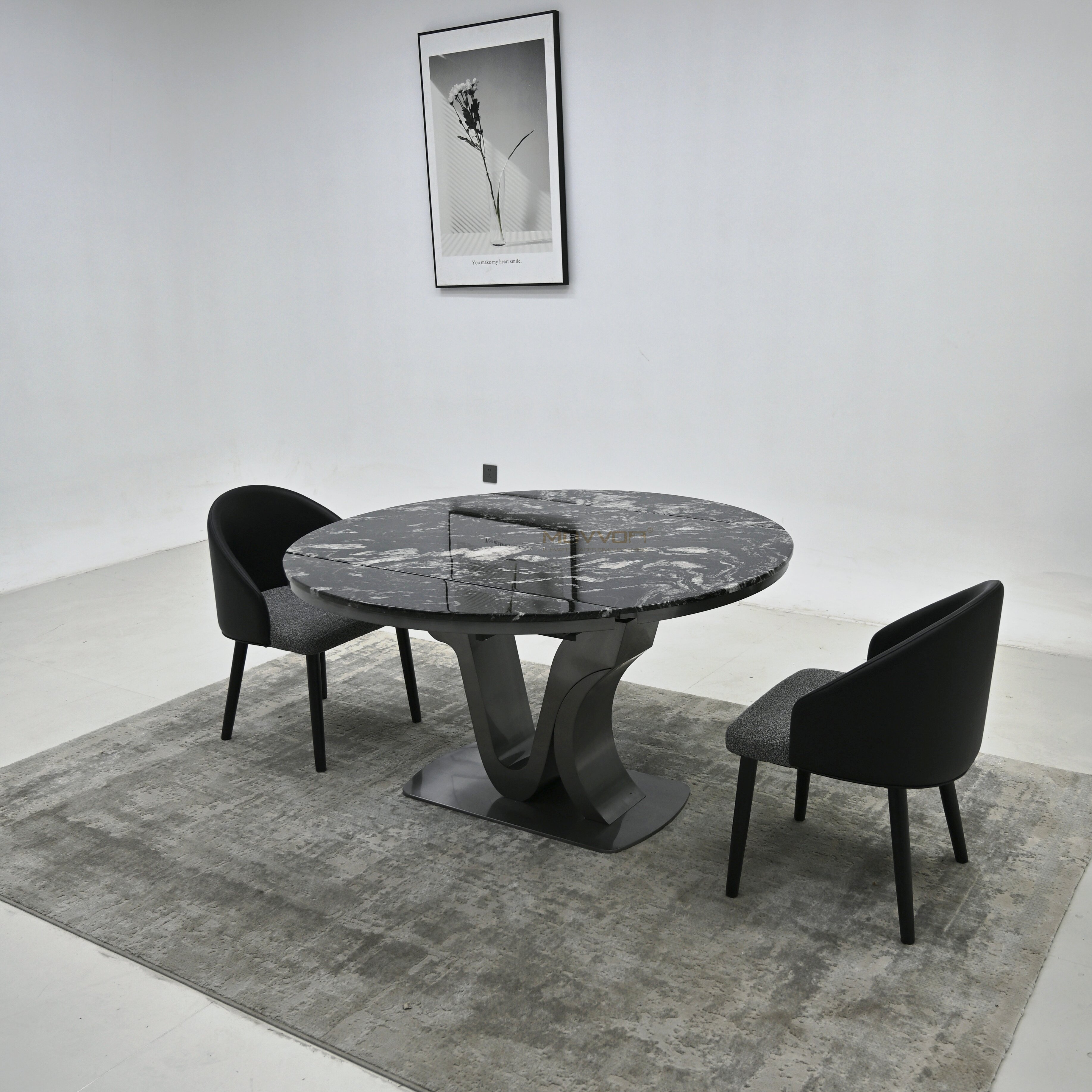 Black Storm Luxury Stone Folding Round Table with Dual-Arch Stainless Steel Pedestal