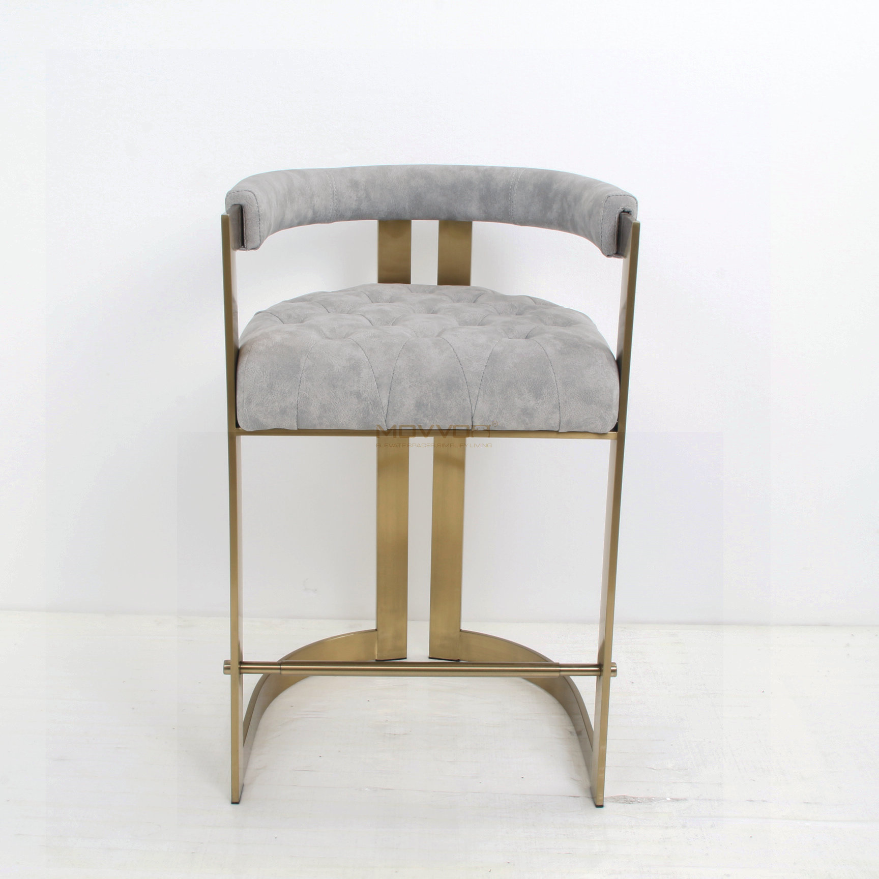 Crescent Back Tufted Bar Stool with Champagne U-Frame Base