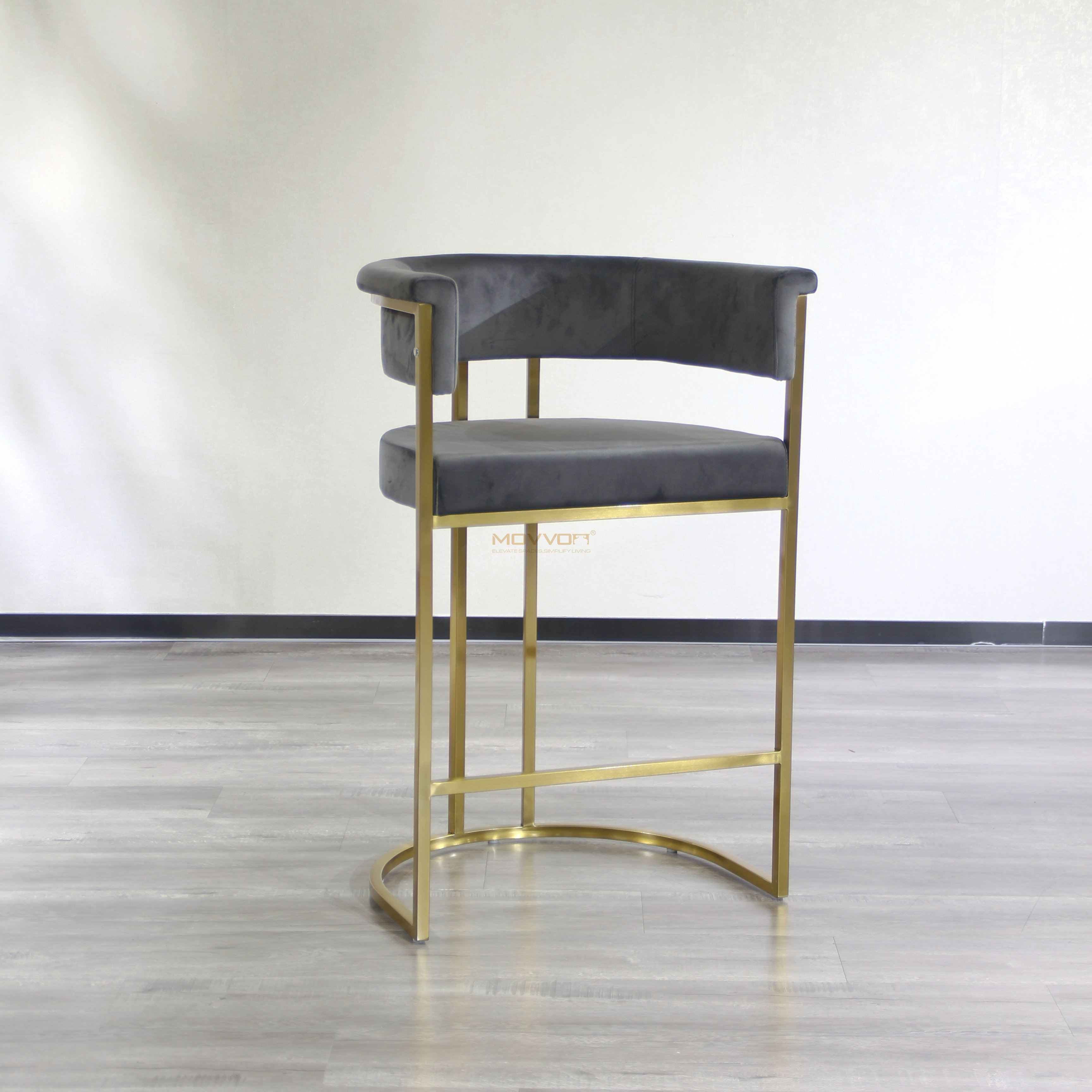 Rolled Barrel Back Bar Stool with Gold Half-Moon Sled Base