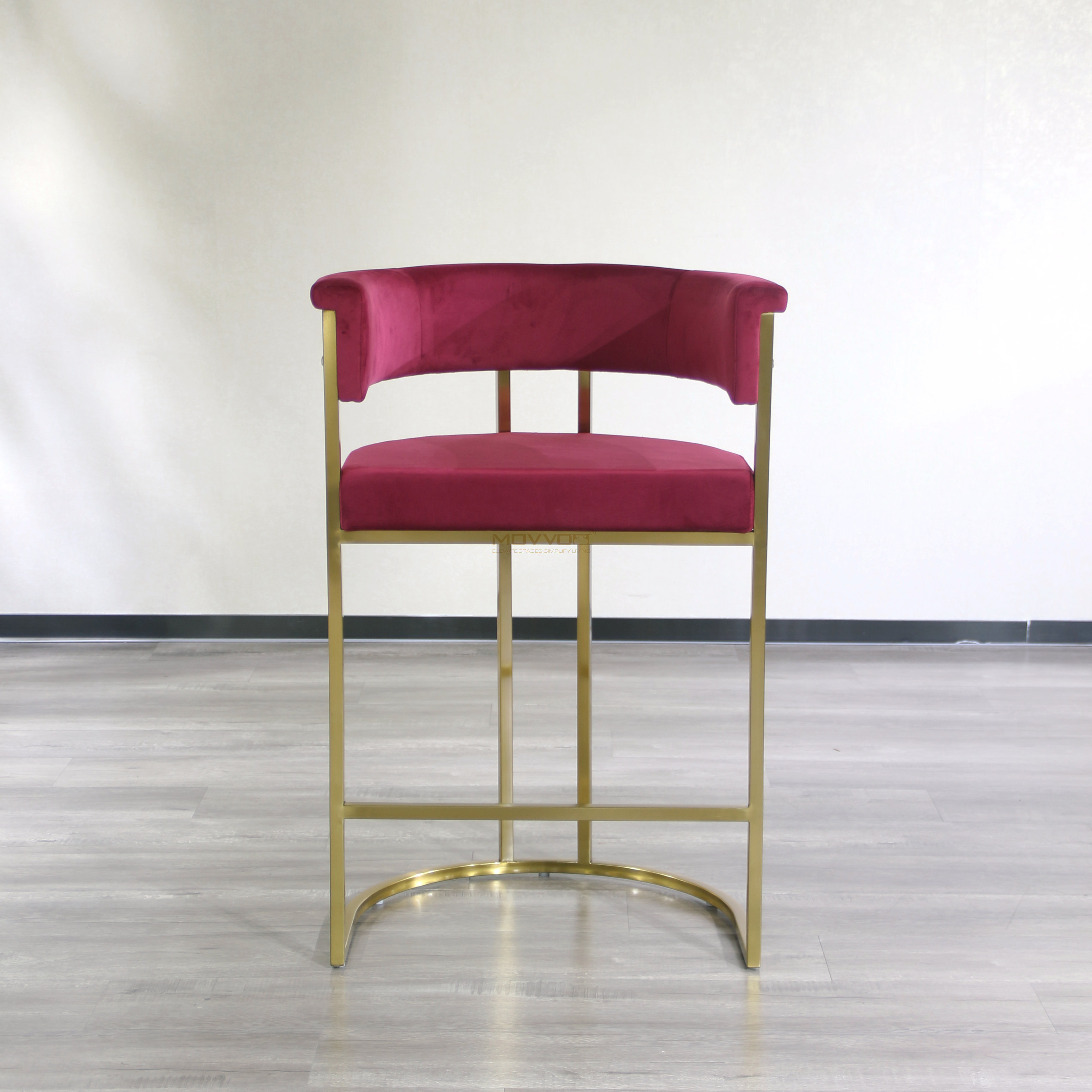 Rolled Barrel Back Bar Stool with Gold Half-Moon Sled Base