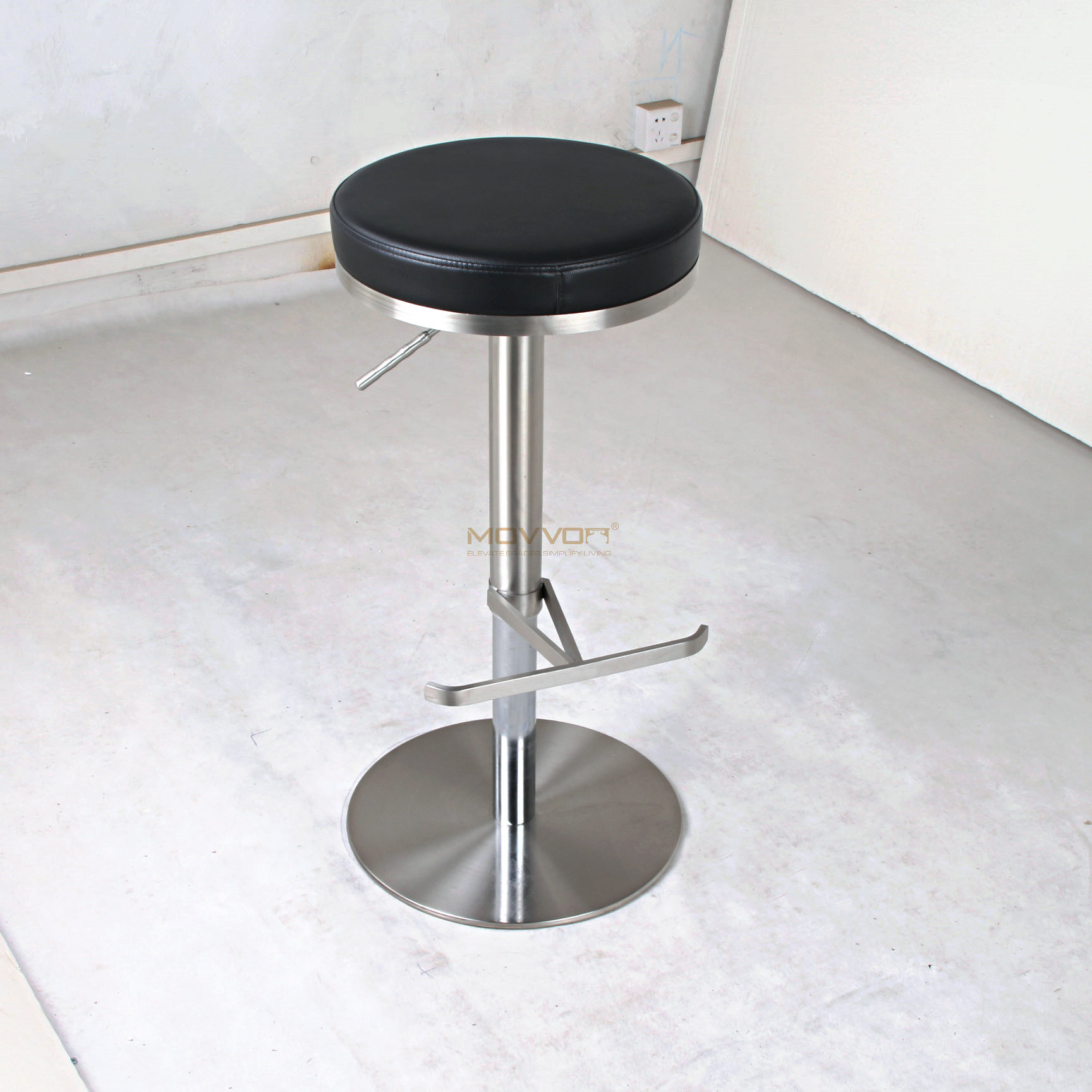 Black Round Cushion Adjustable Bar Stool with Chrome T-Bar Footrest