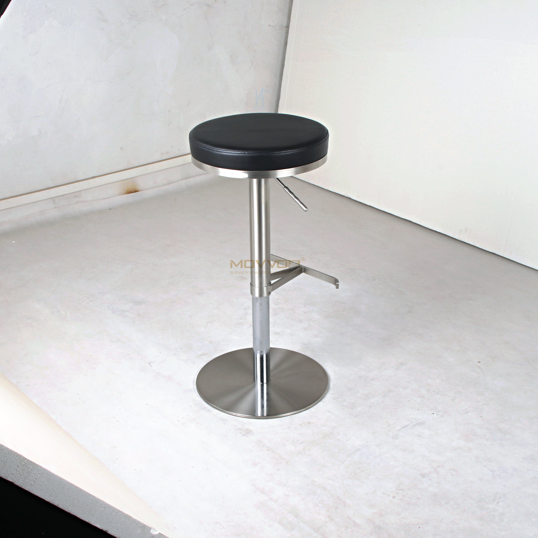 Black Round Cushion Adjustable Bar Stool with Chrome T-Bar Footrest