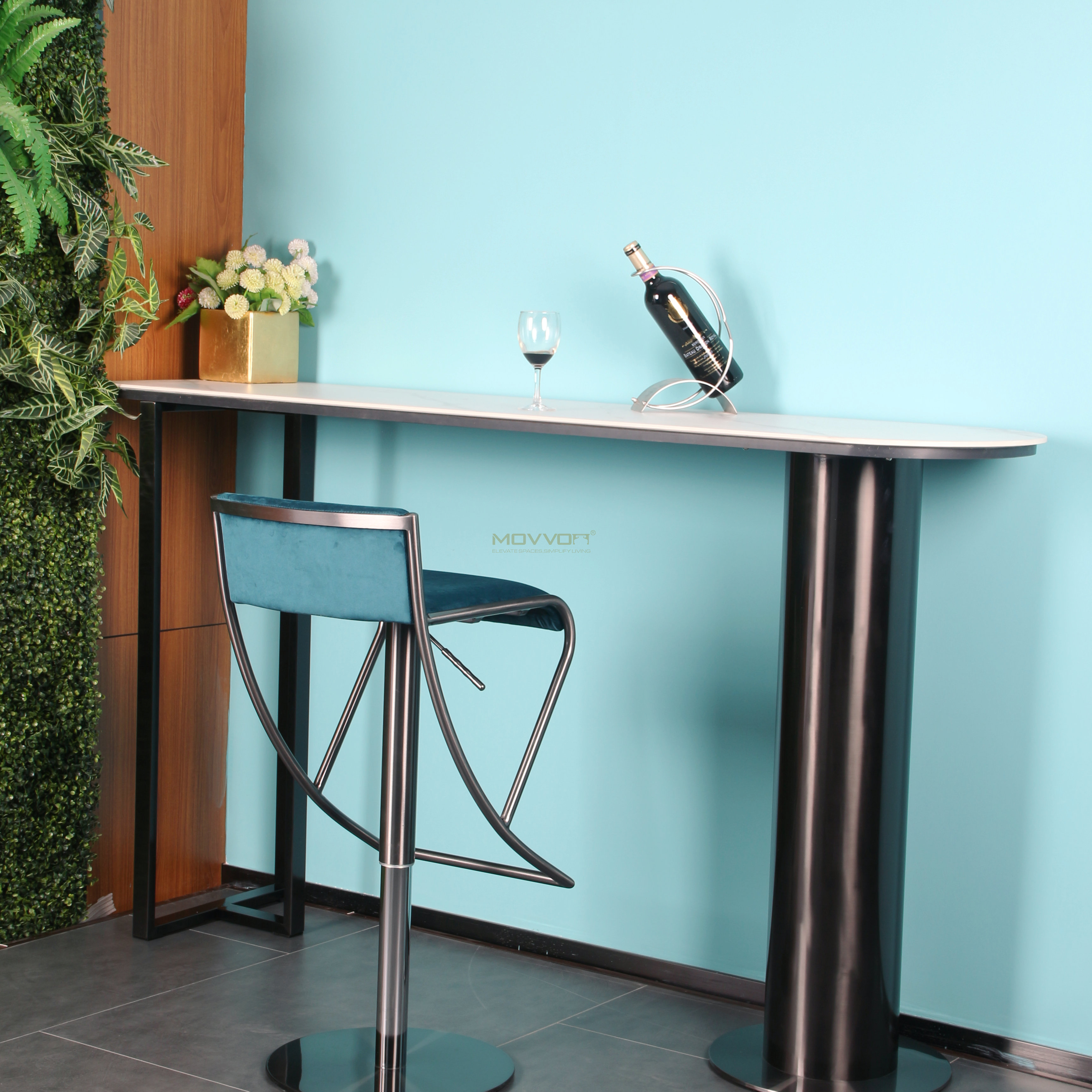 Teal Low Back Bar Stool with Angular Footrest and Pedestal Base
