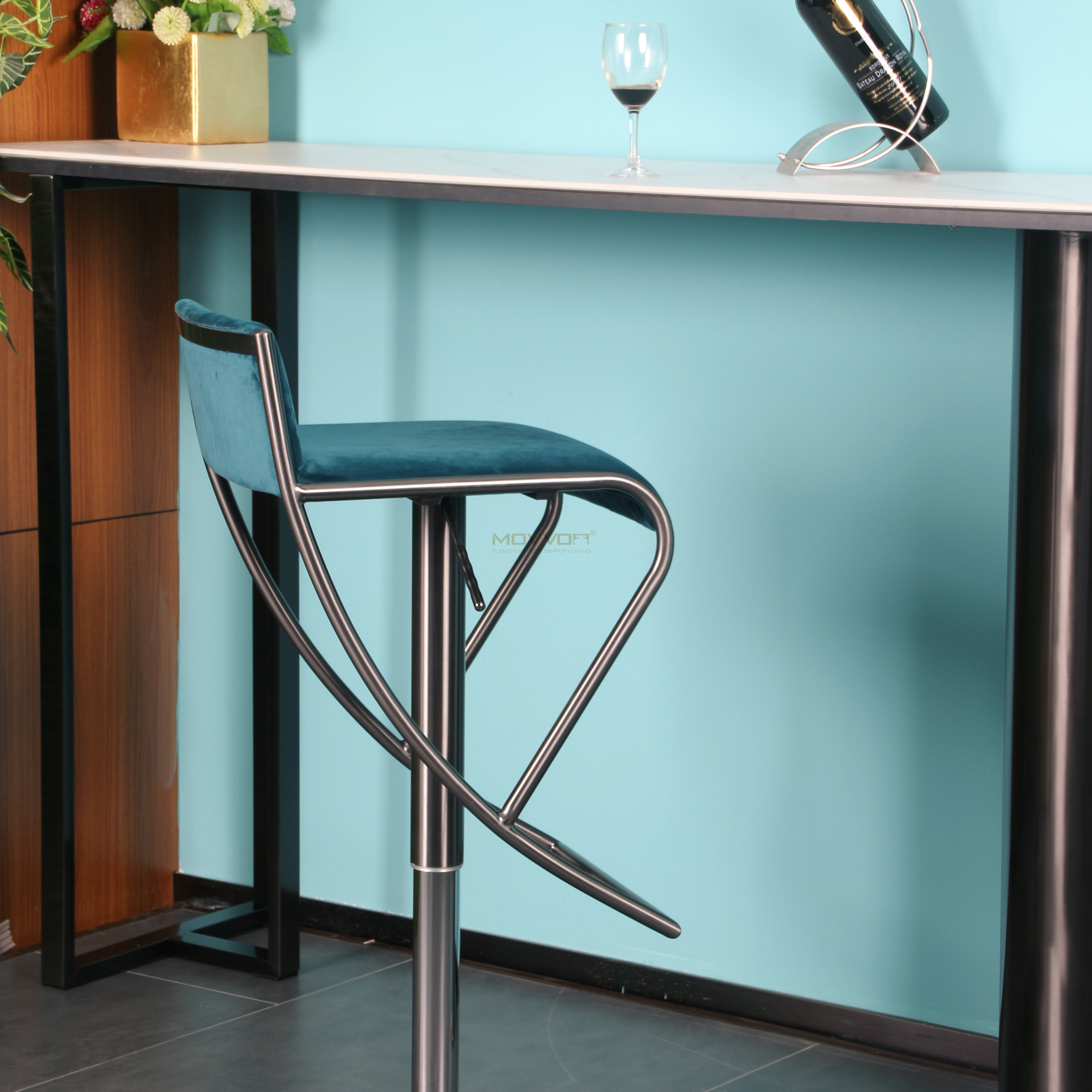 Teal Low Back Bar Stool with Angular Footrest and Pedestal Base