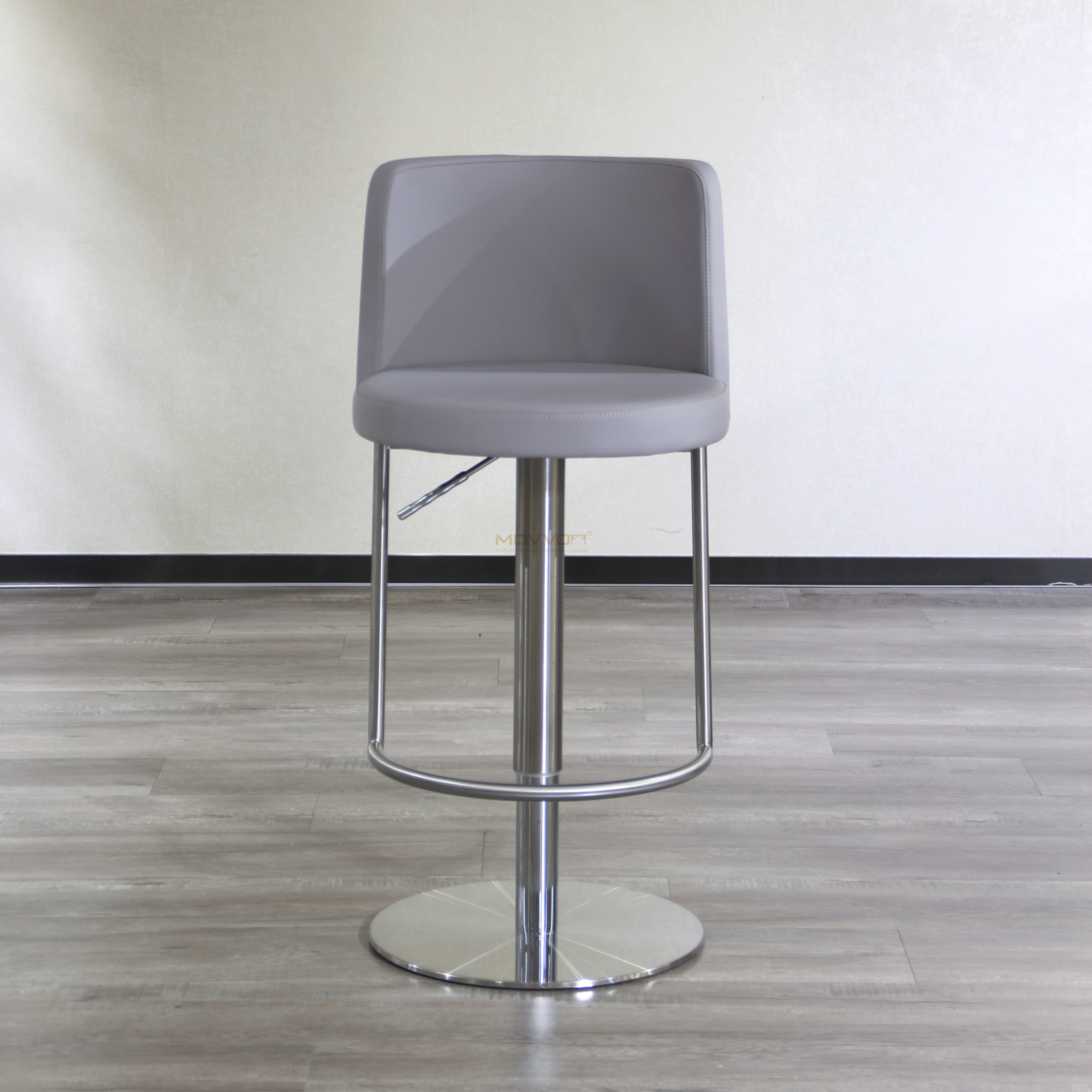 Grey Rounded Back Bar Stool with Guardrail Footrest and Round Base
