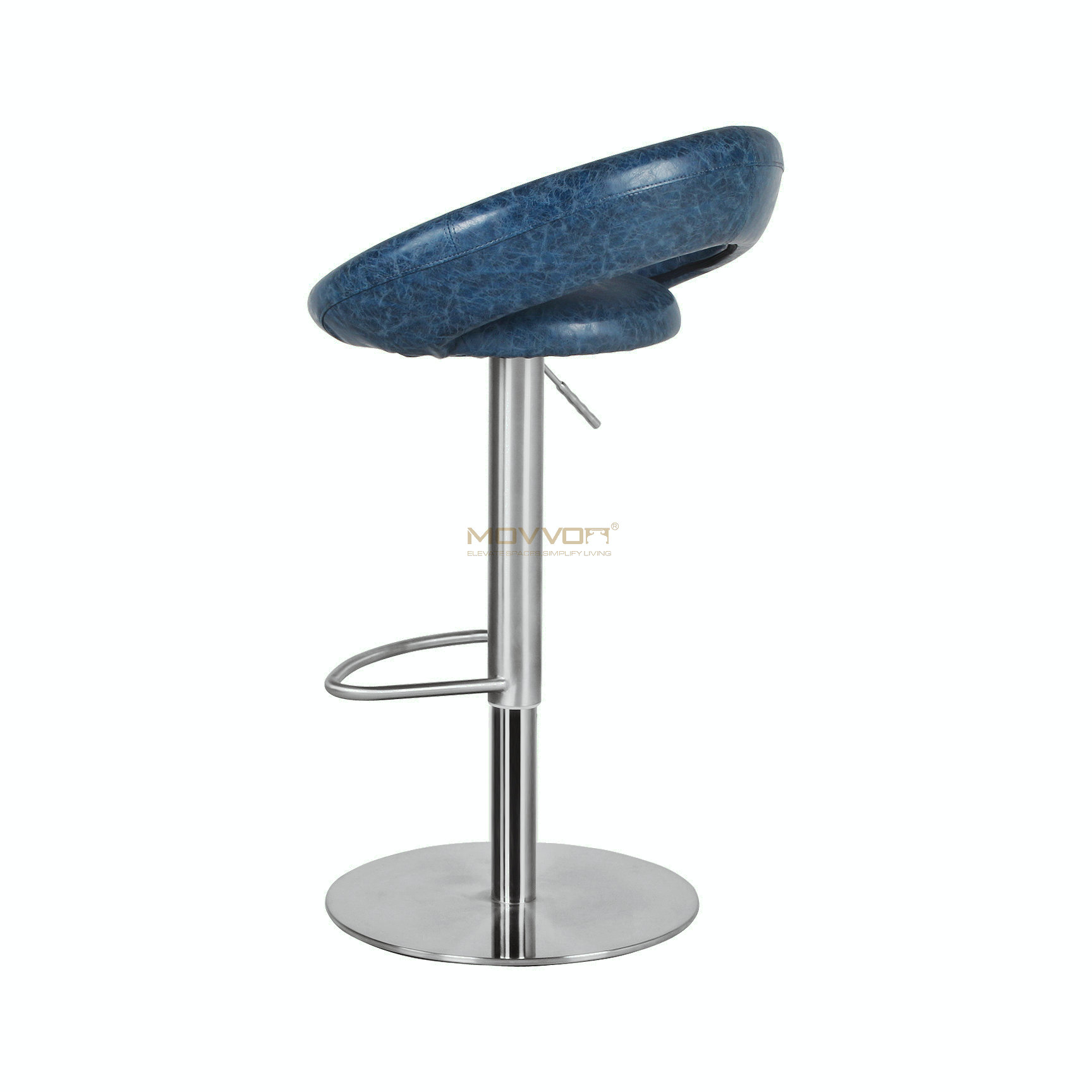 Blue Open-Ring Bar Stool with Oval Footrest and Brushed Pedestal