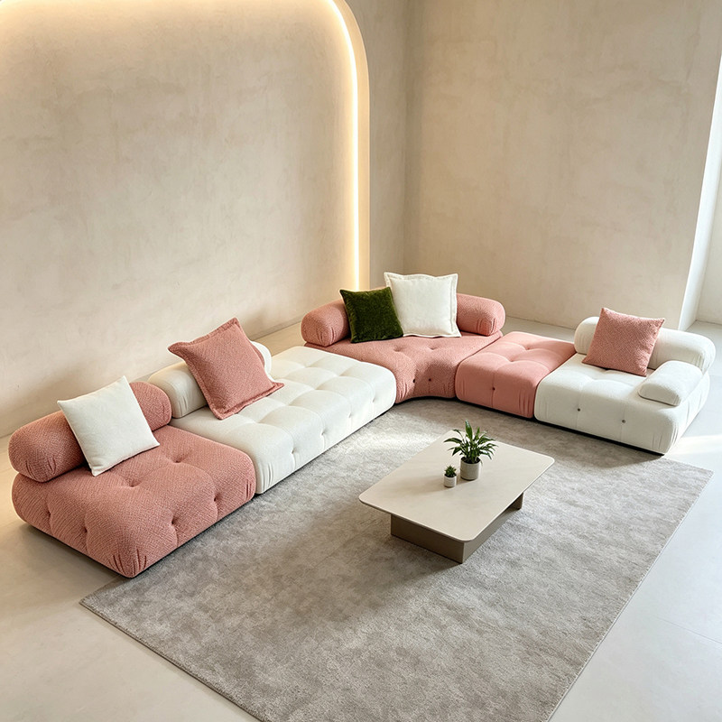 ​Pink-Ivory Tufted Block Modular Sofa for Low Lounge Interiors