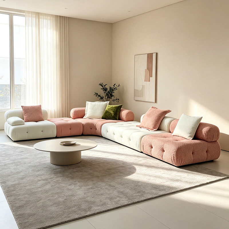 ​Pink-Ivory Tufted Block Modular Sofa for Low Lounge Interiors