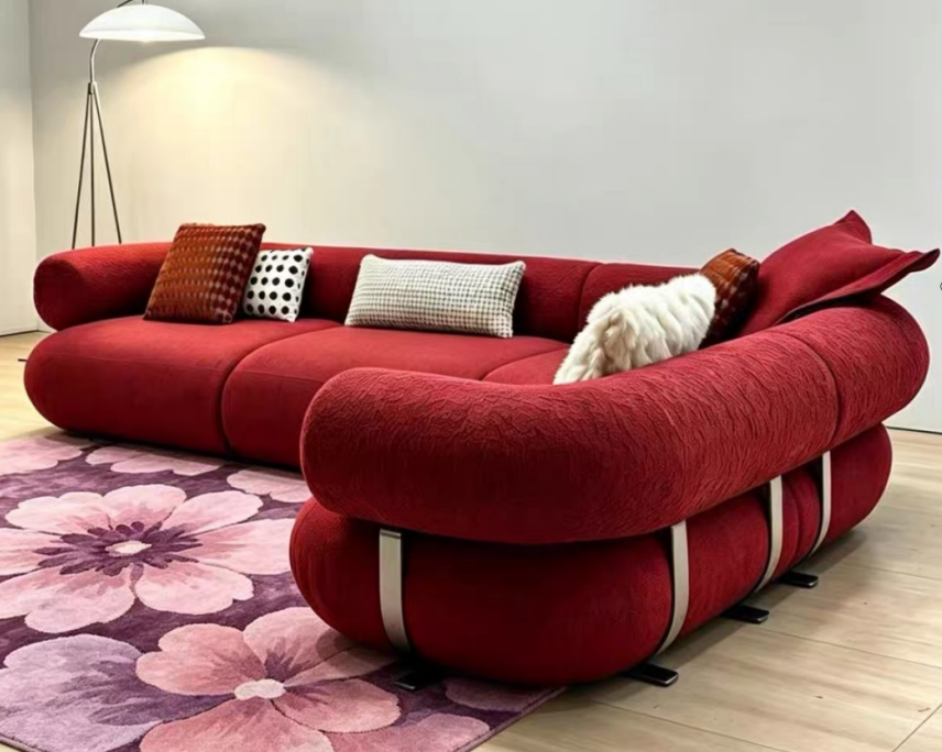 ​Cylindrical Roll-Arm Sectional Sofa, Black Strap Base Detail