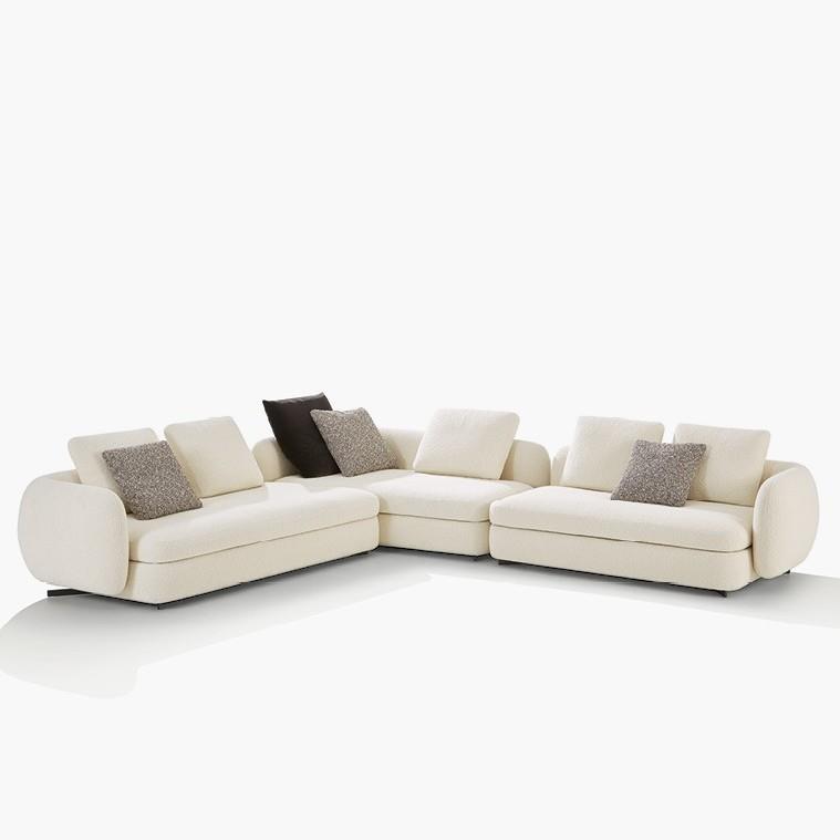 ​Round-End Corner Sofa in Cream Boucle and Warm Grey Fabric
