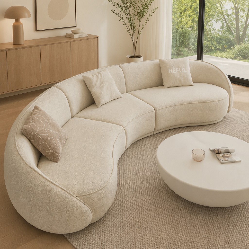 Cream Crescent Sofa for Round Conversation Lounge Layouts