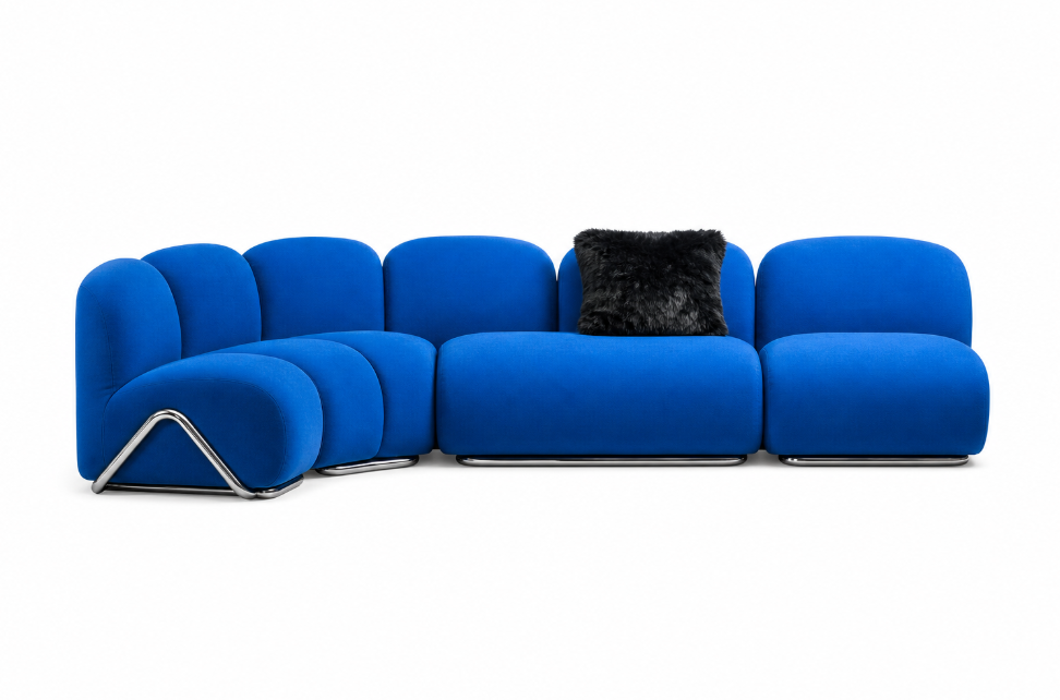 Electric Blue Curved Modular Sofa with Chrome Sled Side Frame