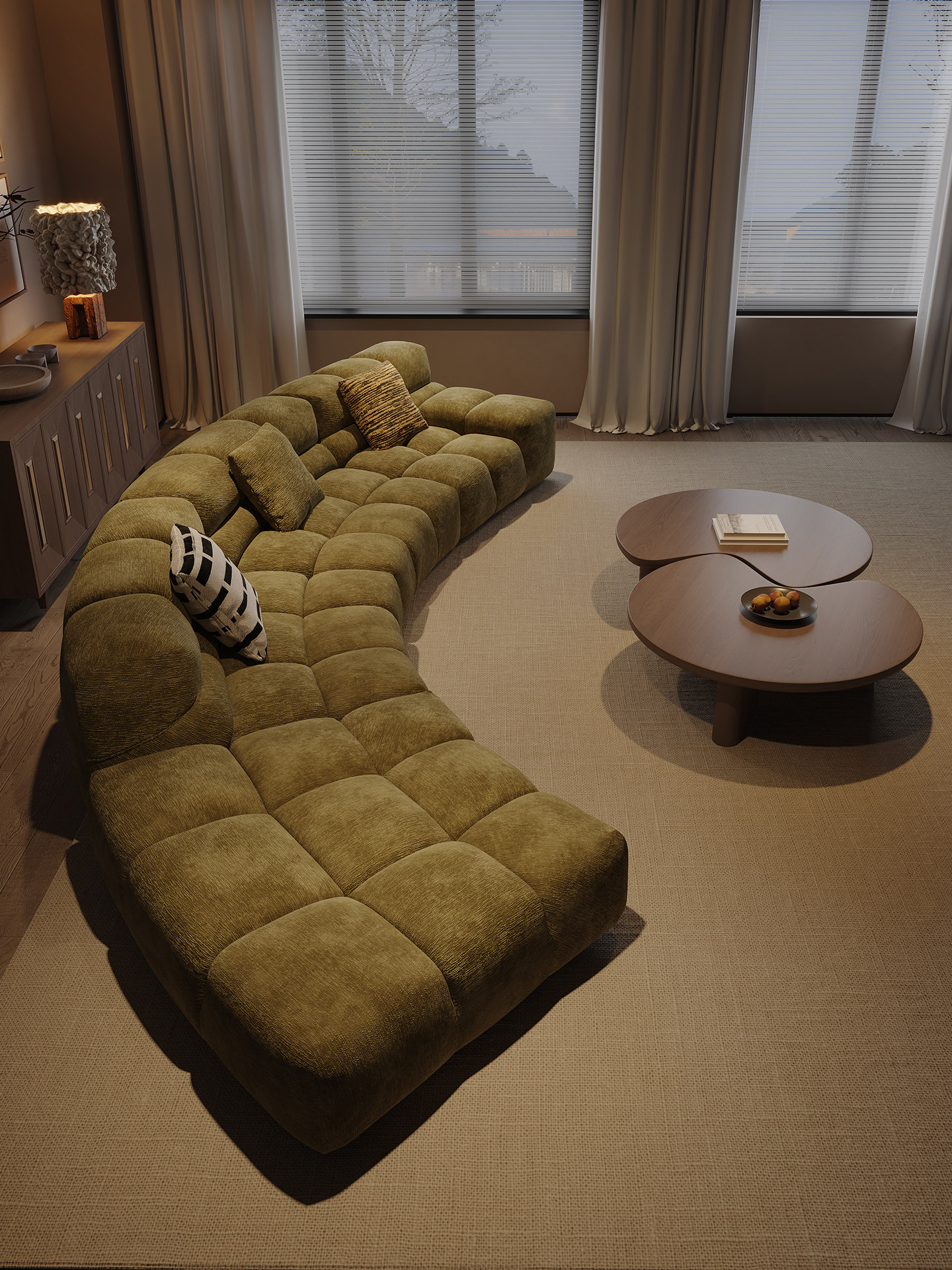 Olive Tufted Curved Sectional Sofa with a Relaxed Left Chaise Lounge
