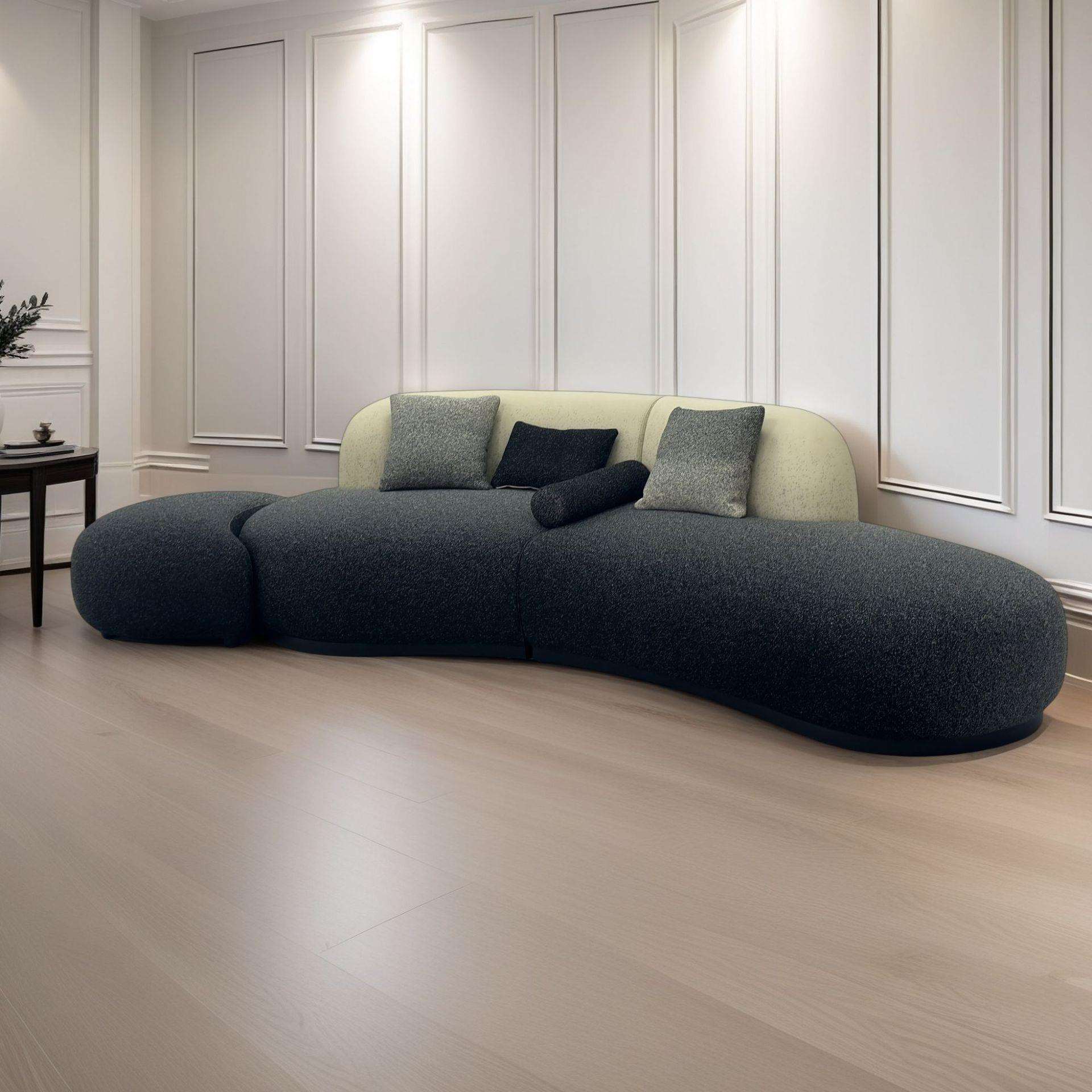 Dark Pebble Chaise Sofa with Cream Back Pillows and Organic 