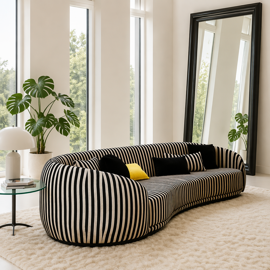 Black and Cream Striped Curved Sofa with Rounded Tubular Arm