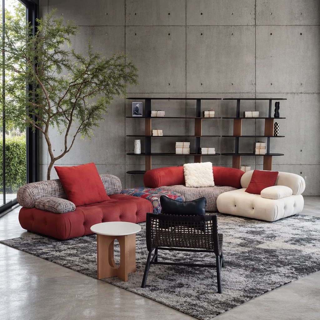 Mixed-Fabric Modular Sofa with Rust Tufted Seat and Pattern 